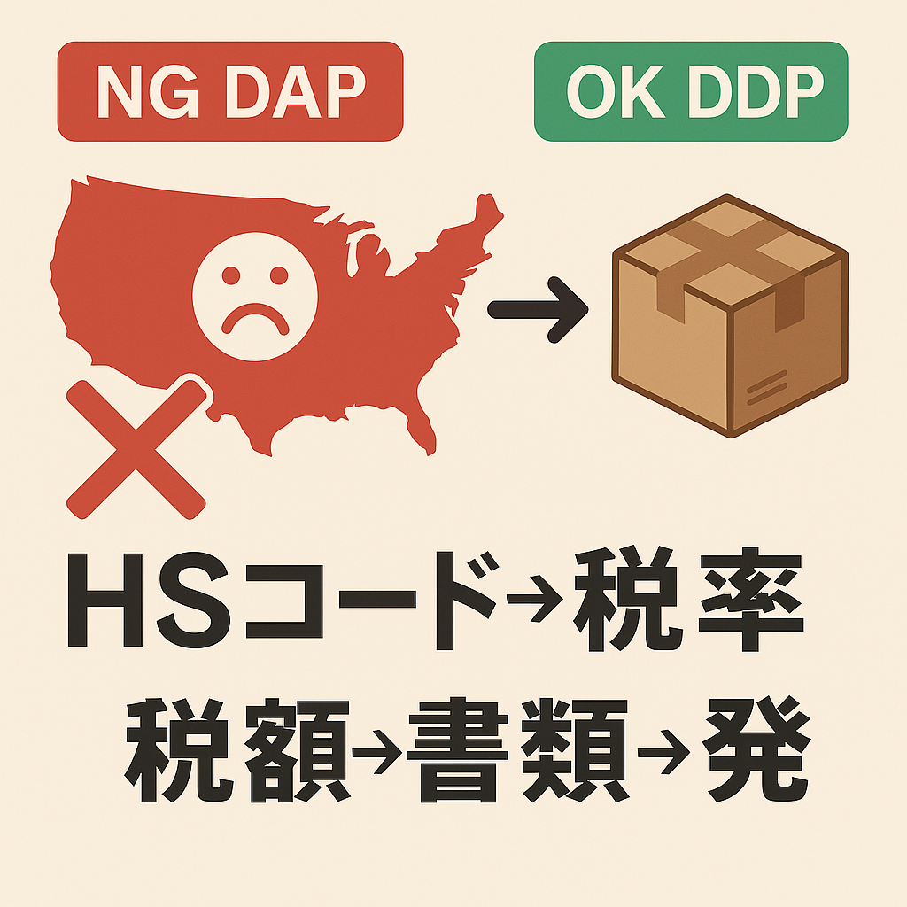 米国向け発送でNGのDAPとOKのDDPを比較しHSコードから発送までの流れを示す図
