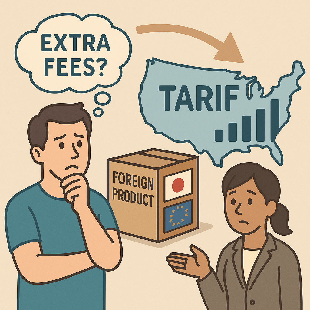 外国製品の関税や追加費用に不安を感じる米国バッカーとTARIF表示の地図