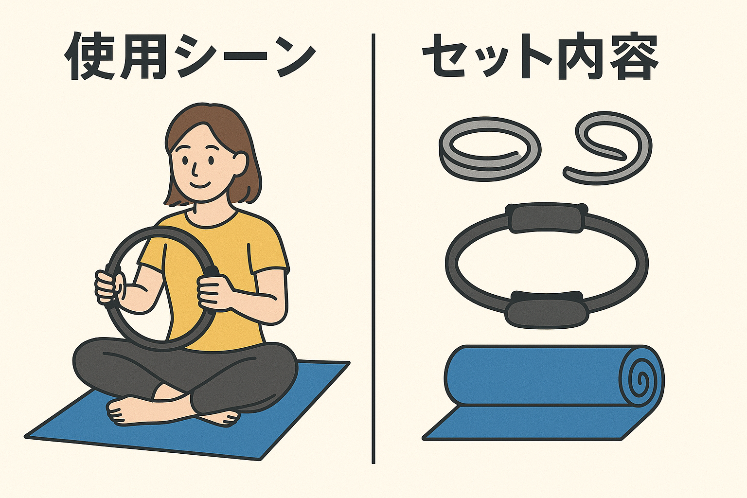 製品の使用シーンとセット内容を同時に説明するイラスト