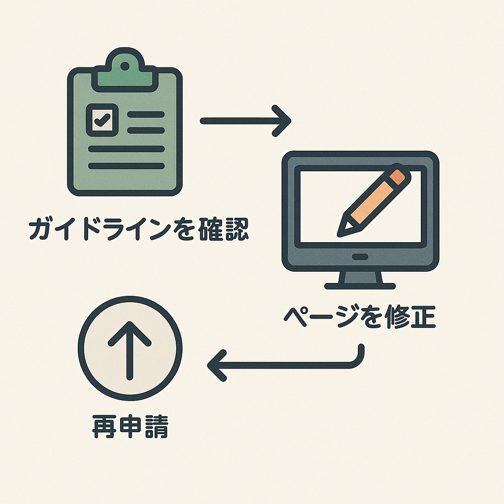 ガイドライン確認からページ修正と再申請までのKickstarter審査フロー図
