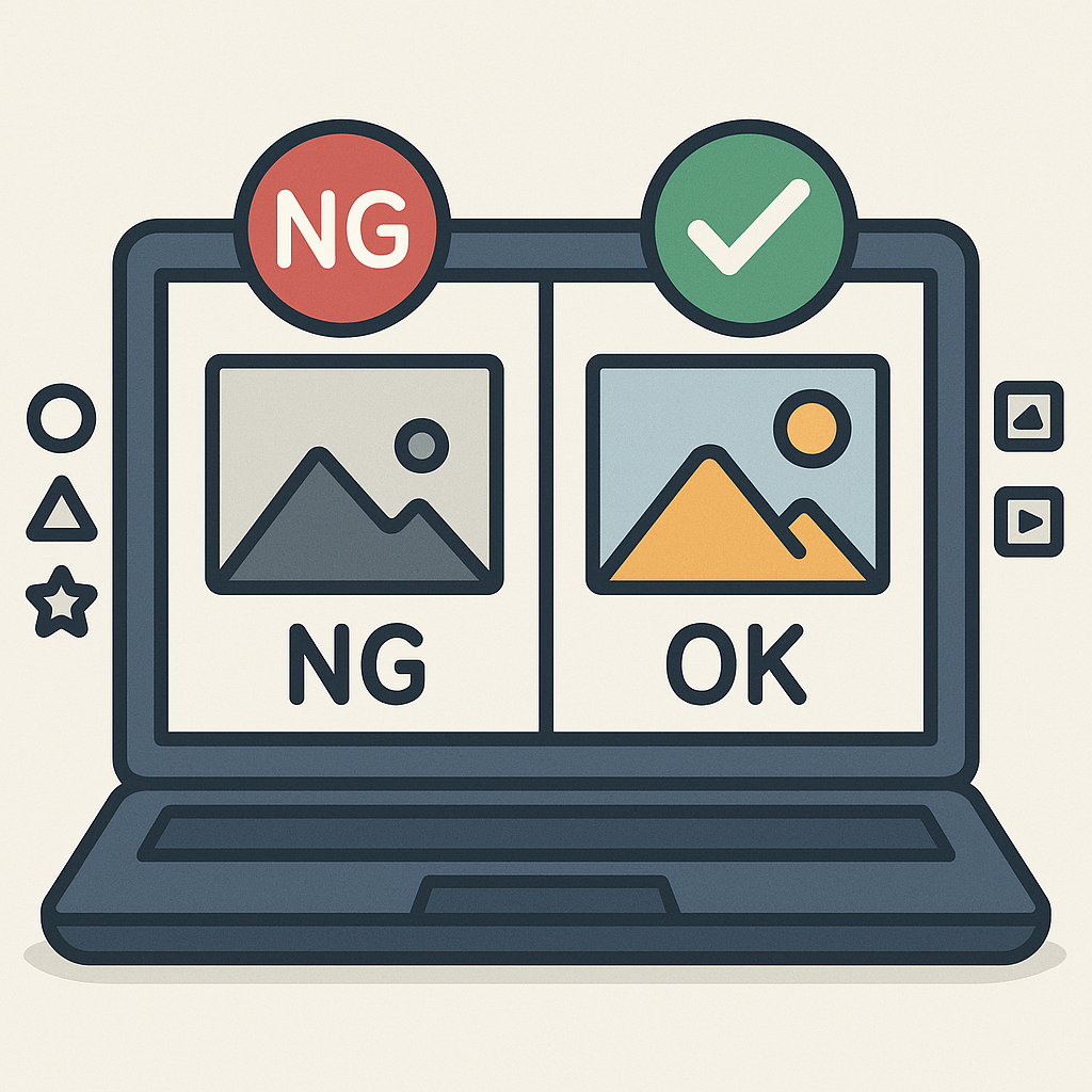 Kickstarter審査でNG画像とOK画像を比較しているノートPC画面の図解