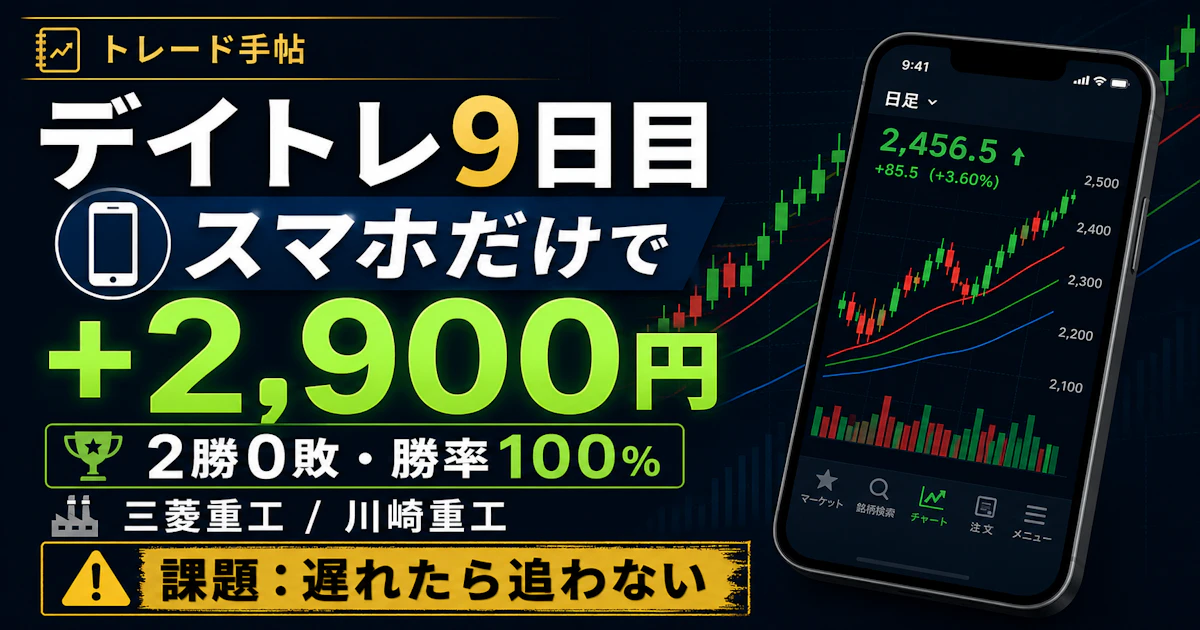 デイトレ9日目。移動中のスマホだけで+2,900円・勝率100%。でも“遅れたのに入った”エントリーが課題でした