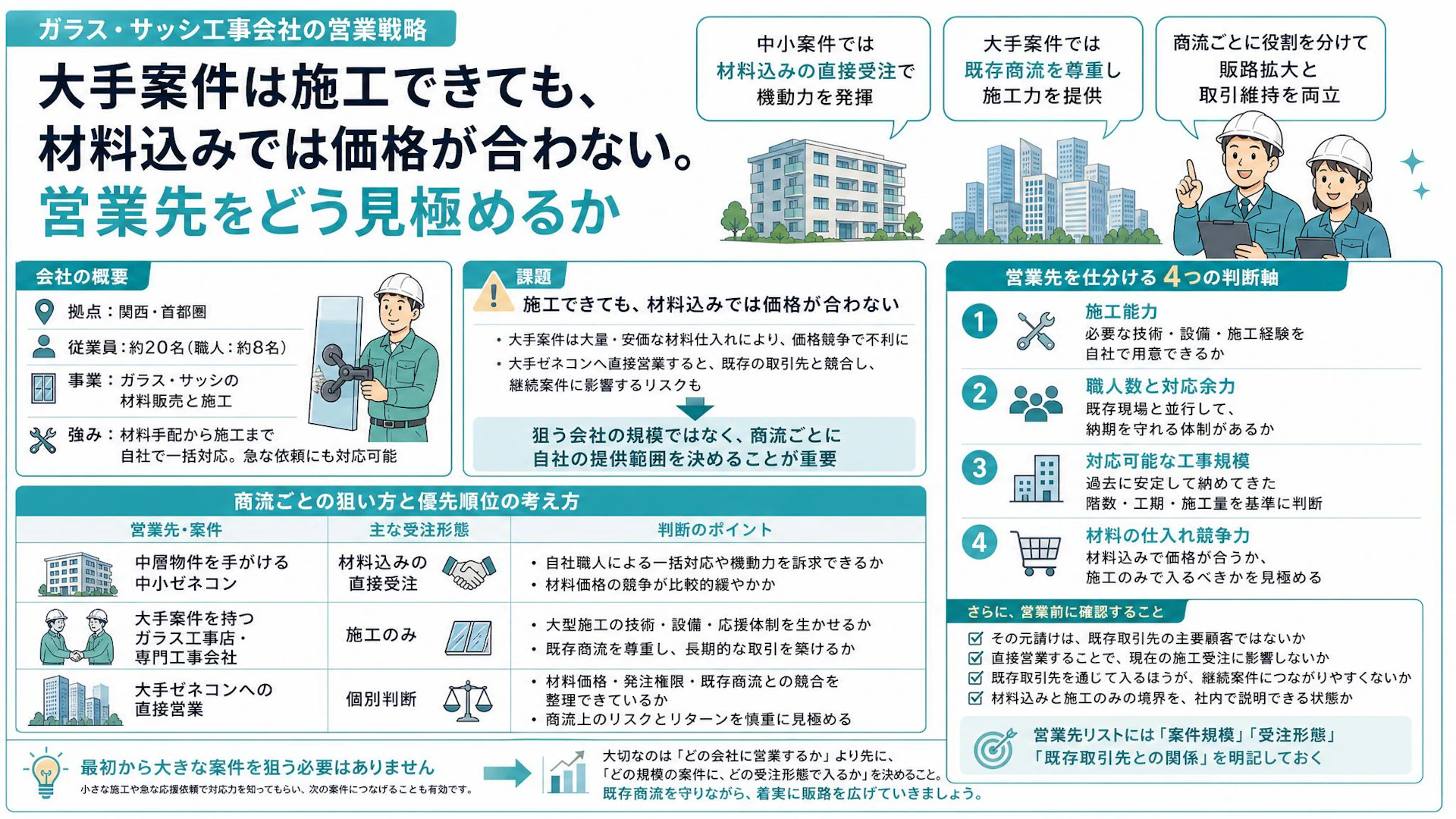 「大手案件は施工できるのに、直請けでは勝てない」ガラス・サッシ工事会社が営業先を分ける4つの基準