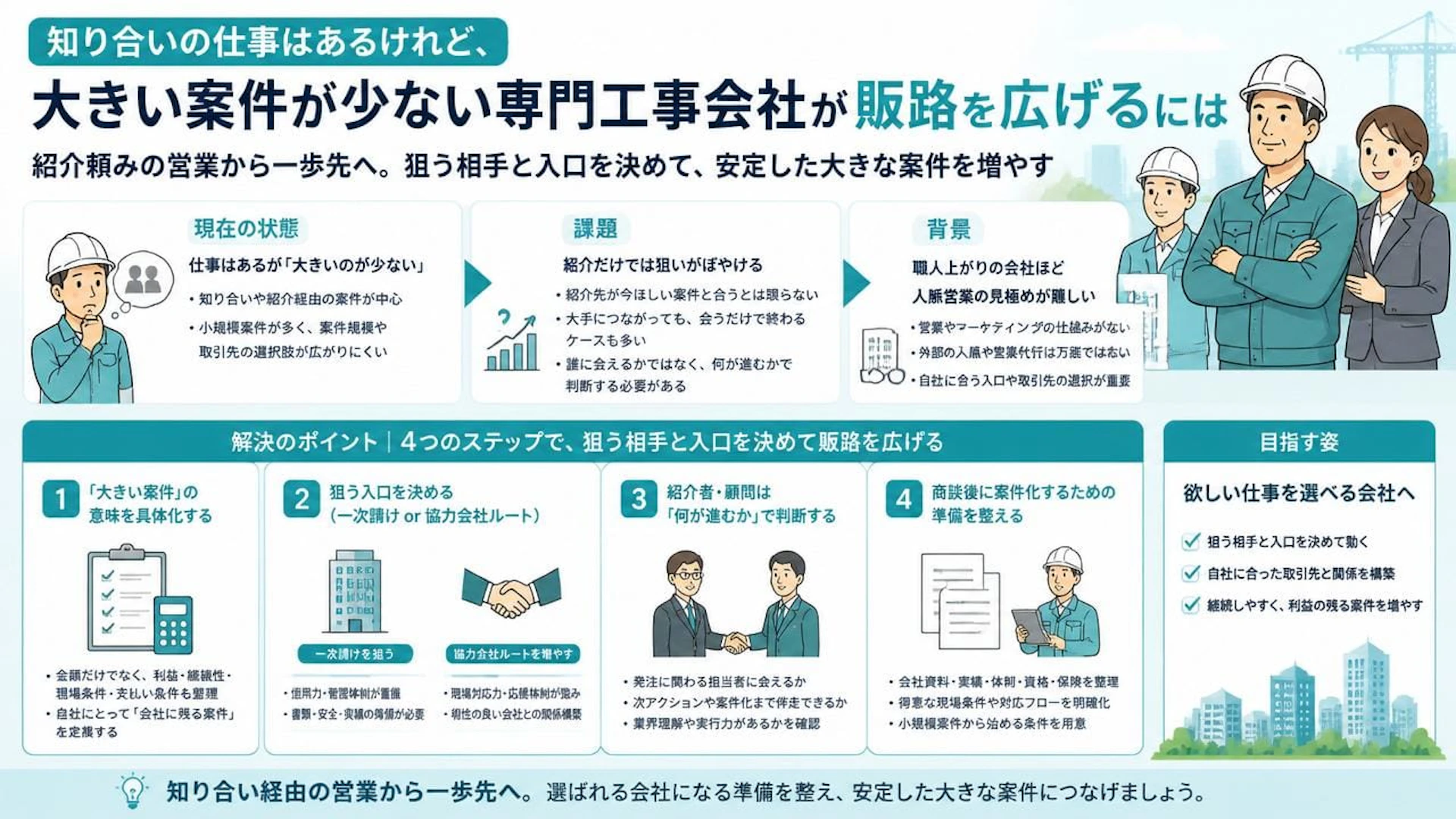 「仕事はあるのに大きい案件が少ない」専門工事会社が紹介営業から抜け出す販路開拓の考え方