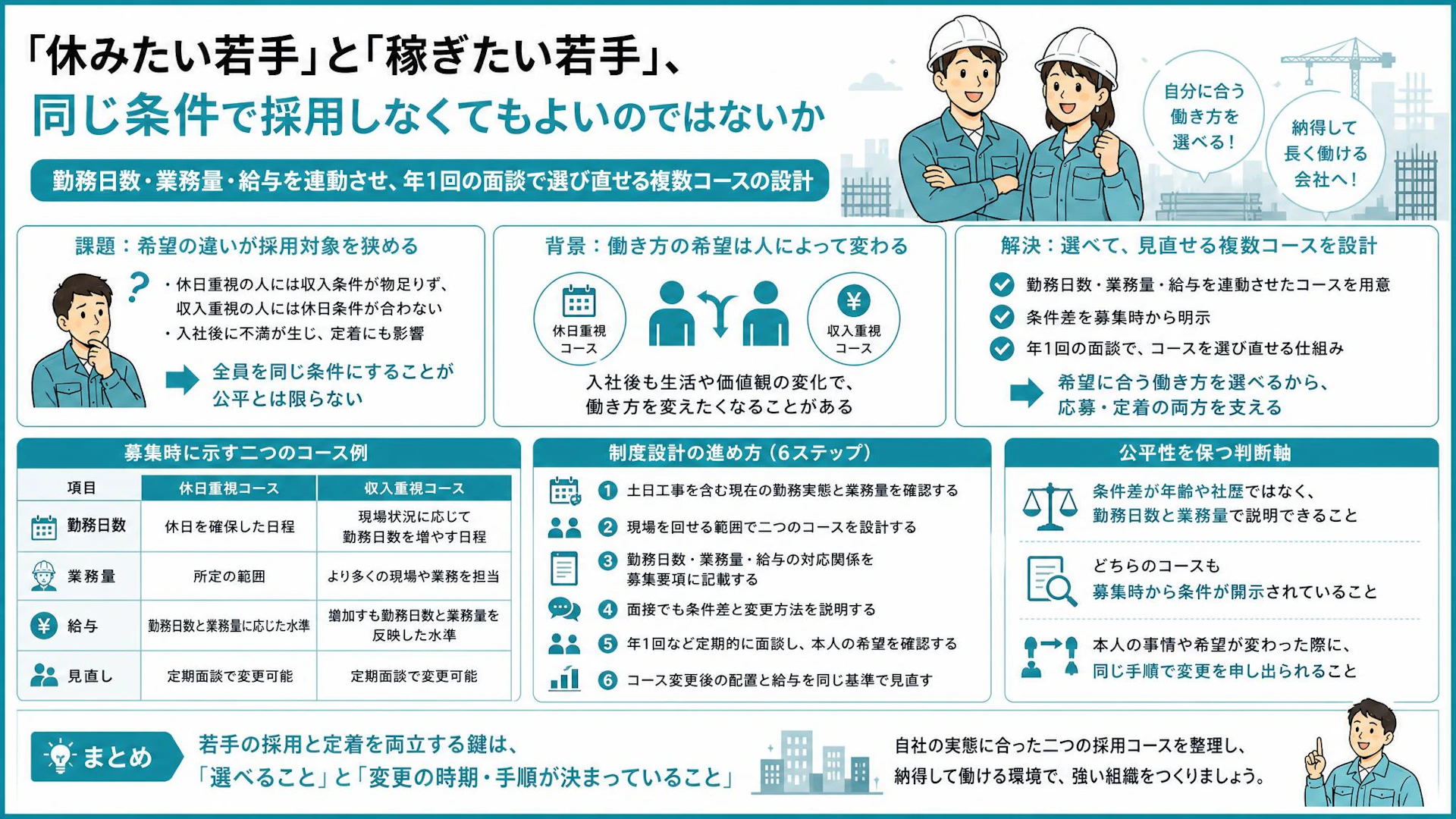 若手は休み派か稼ぎ派か｜建設会社の採用間口を広げる「選べる勤務コース」の設計