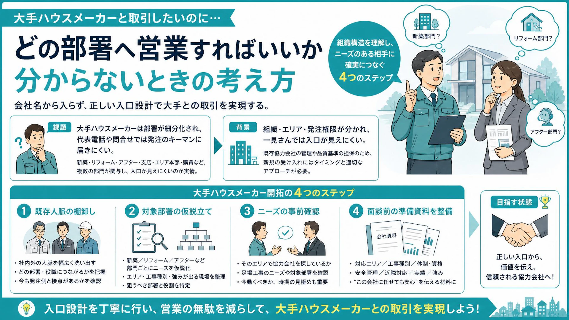 大手ハウスメーカーに営業しても届かない足場会社へ｜部署・キーマンを外さない入口設計