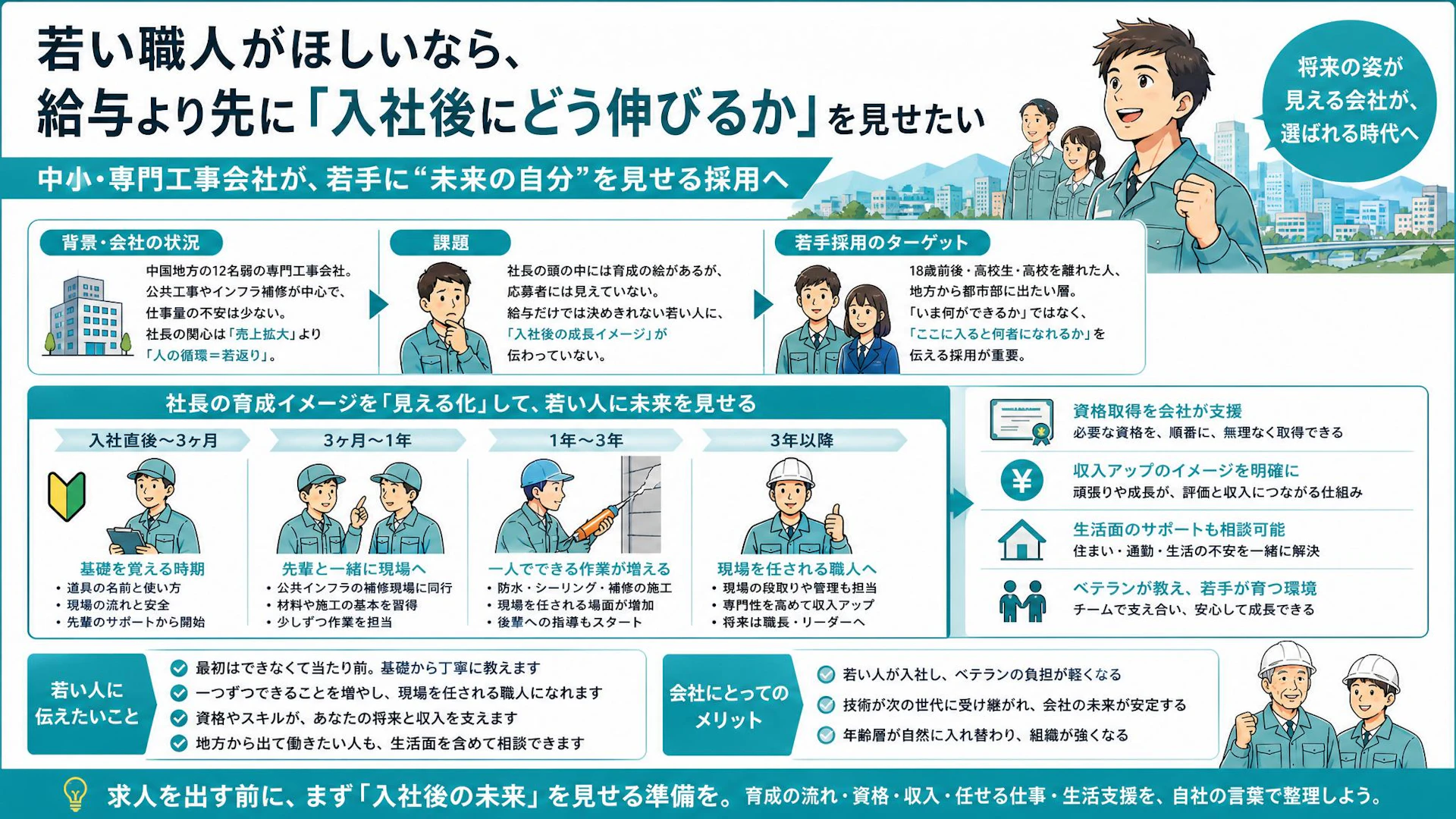 普通のホームページでは若手に届かない。専門工事会社の育成ルートを採用ページで見せる方法