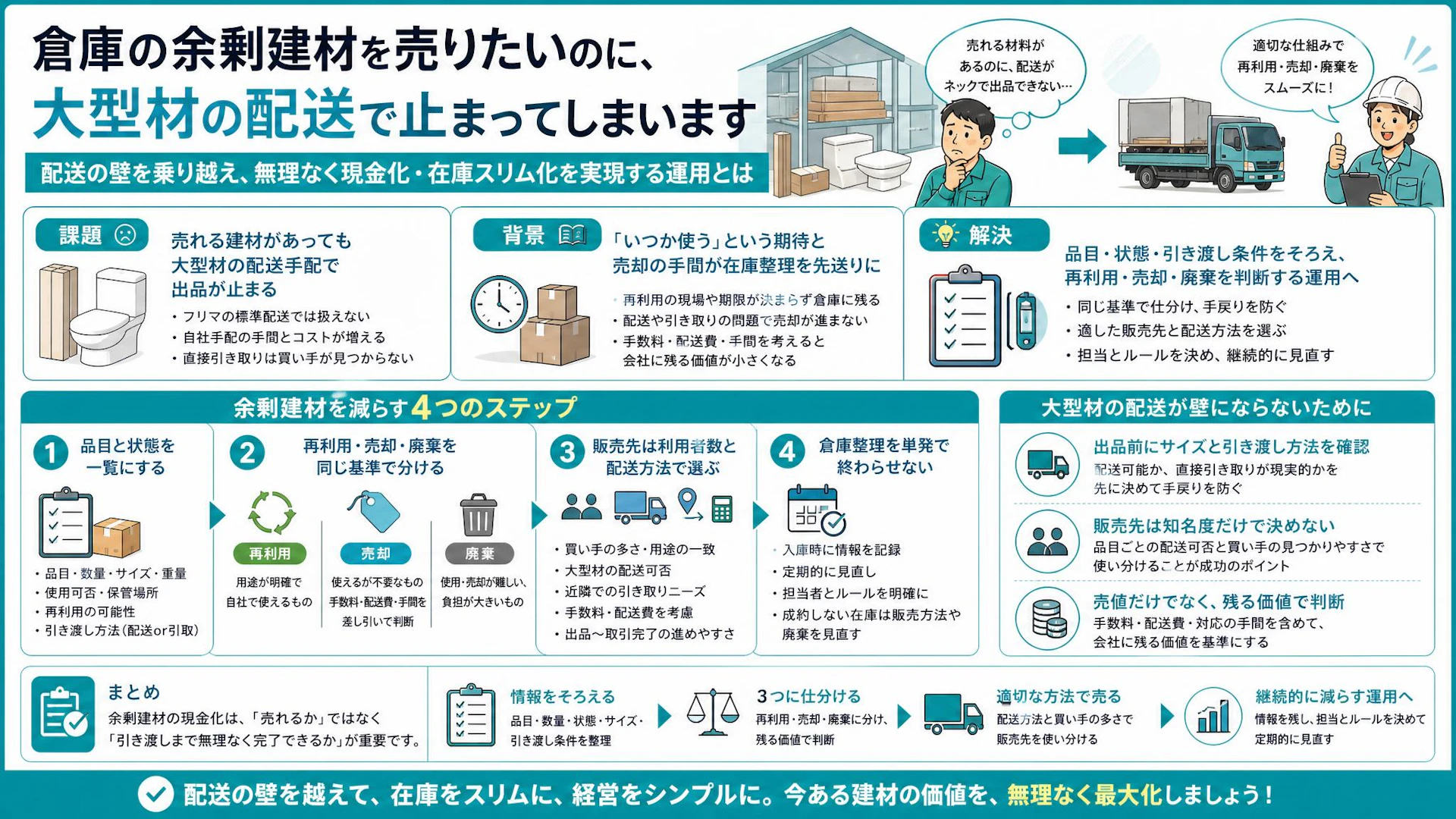 倉庫に眠る余剰建材、いつまで残す？再利用・売却・廃棄を決める在庫整理術