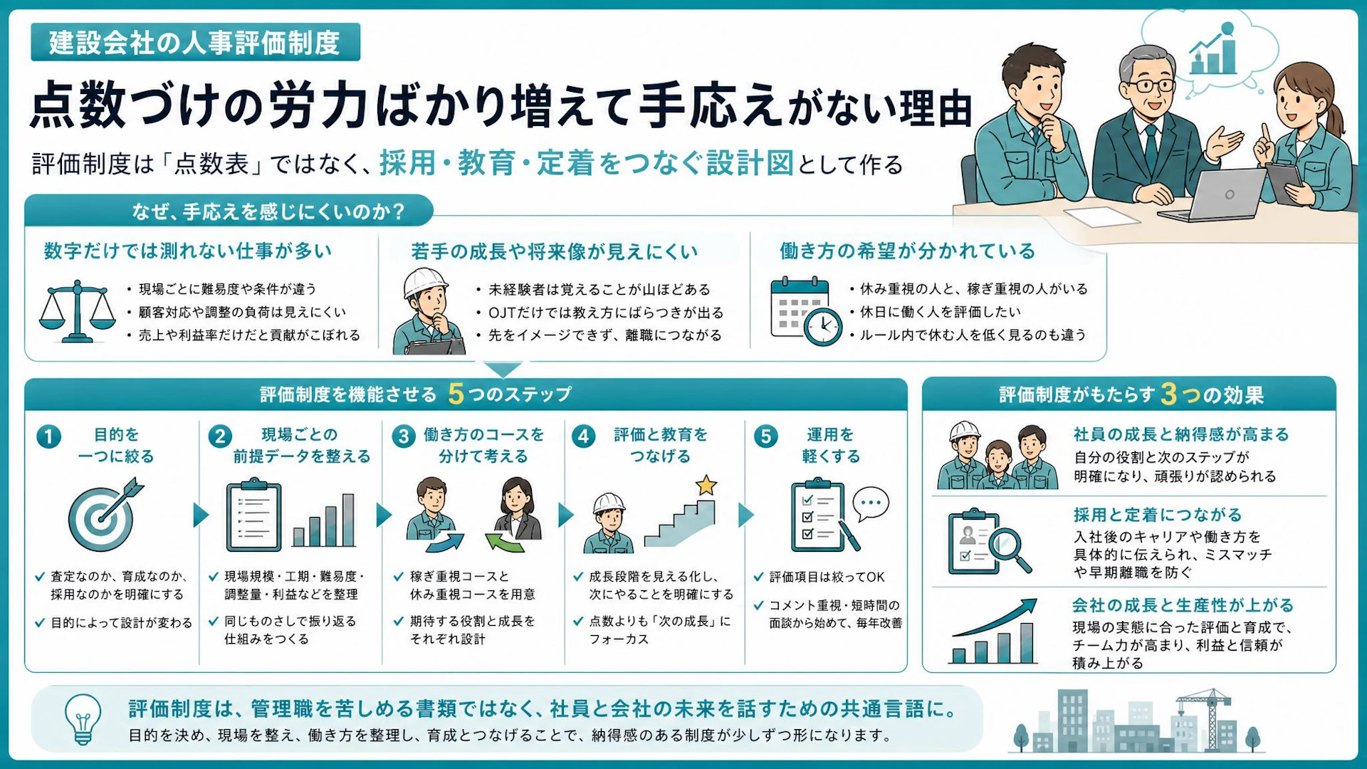 細かい評価表ほど使われない？45名弱の建設会社が悩む人事評価制度の現実