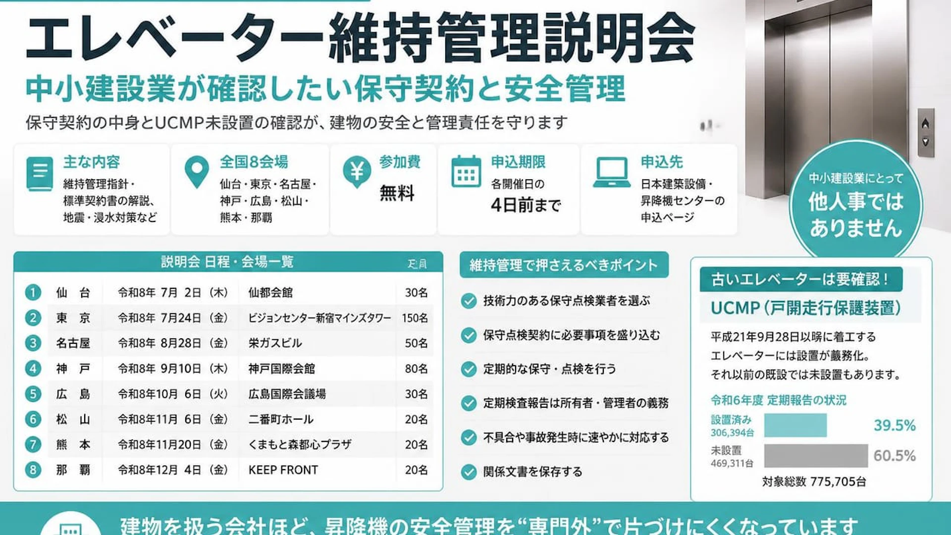 エレベーター維持管理説明会が全国8会場で開催　中小建設業が確認したい保守契約と安全管理