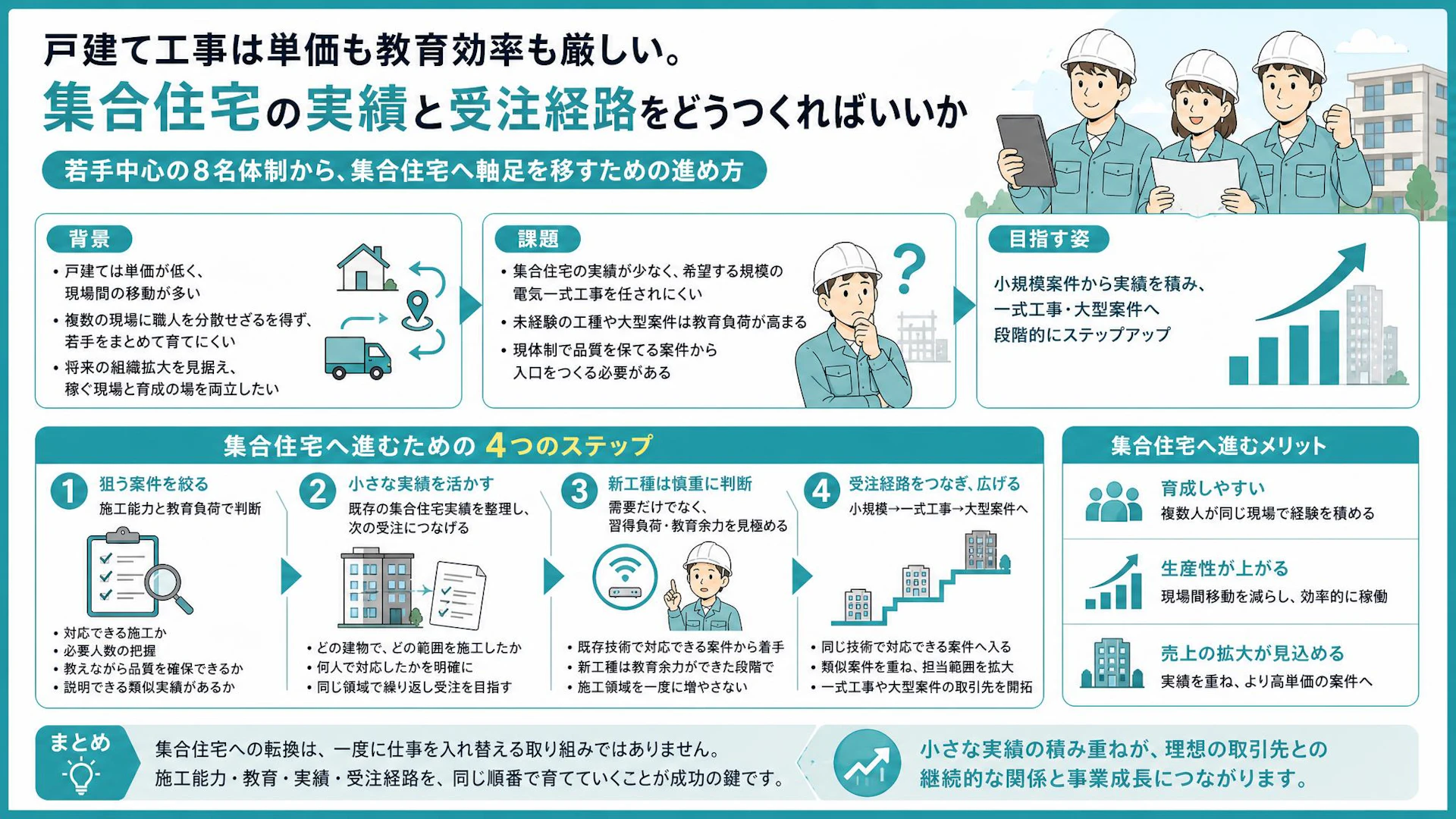 集合住宅工事を取りたいが実績がない｜戸建て中心の電気工事会社が大型案件へ進む4段階
