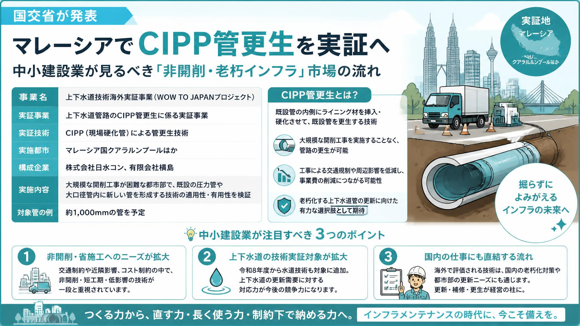 国交省、マレーシアでCIPP管更生を実証へ――中小建設業が見るべき「非開削・老朽インフラ」市場の流れ