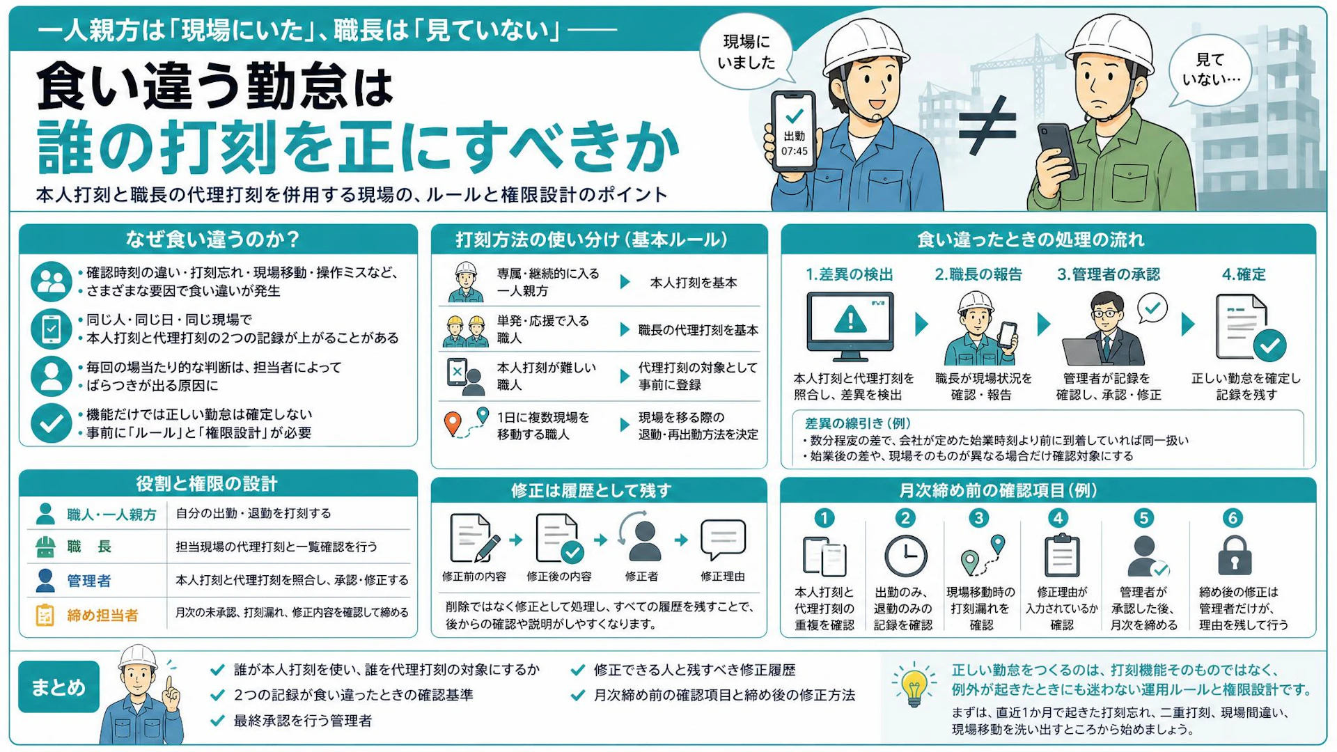 一人親方の勤怠、本人打刻と職長の代理打刻はどちらが正しい？現場で迷わない承認ルール