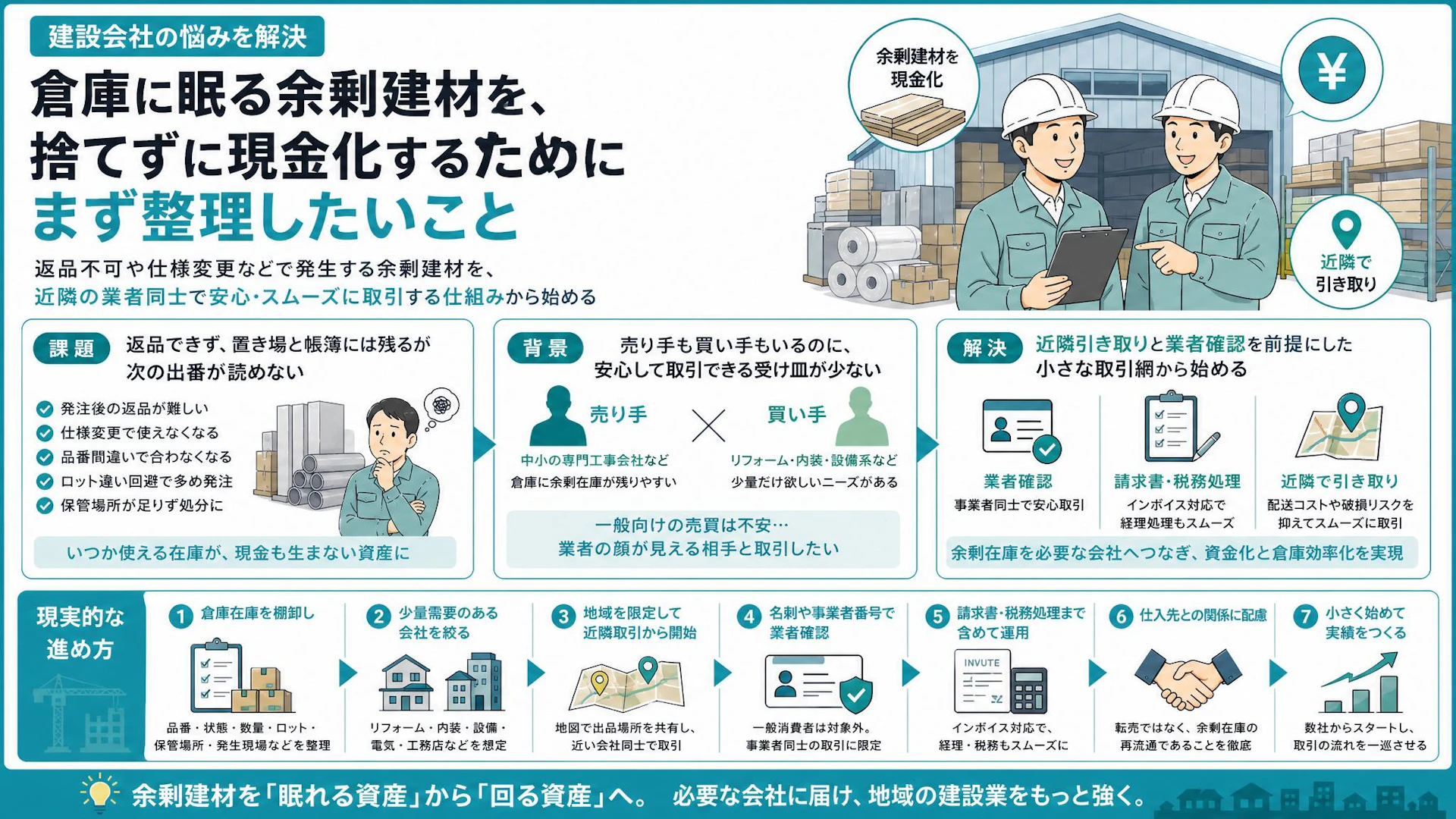 倉庫に眠る余剰建材を現金化するには？関西の専門工事会社が考えた業者間再流通の始め方