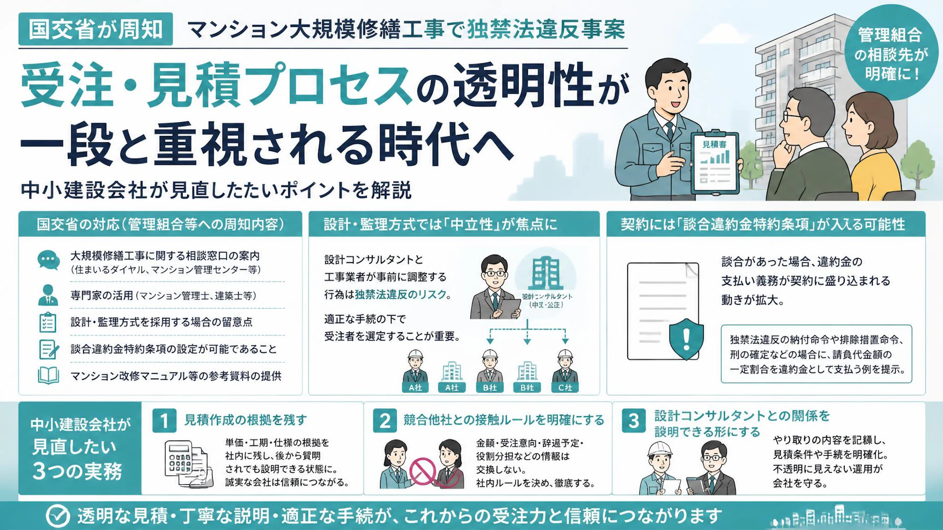マンション大規模修繕工事で独禁法違反事案、国交省が相談窓口等を周知――中小建設会社が見直したい受注・見積プロセス