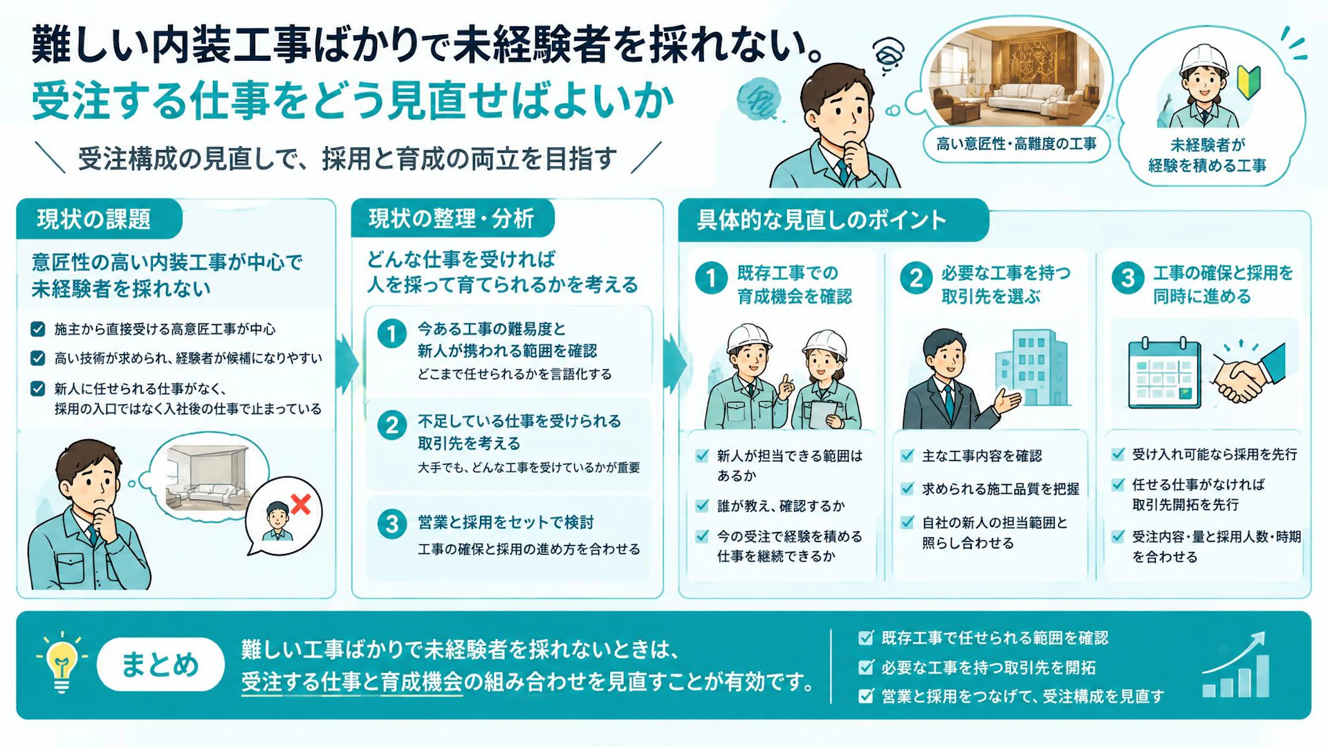 難しい内装工事ばかりで未経験者を採れない｜新人に任せる仕事から考える受注戦略