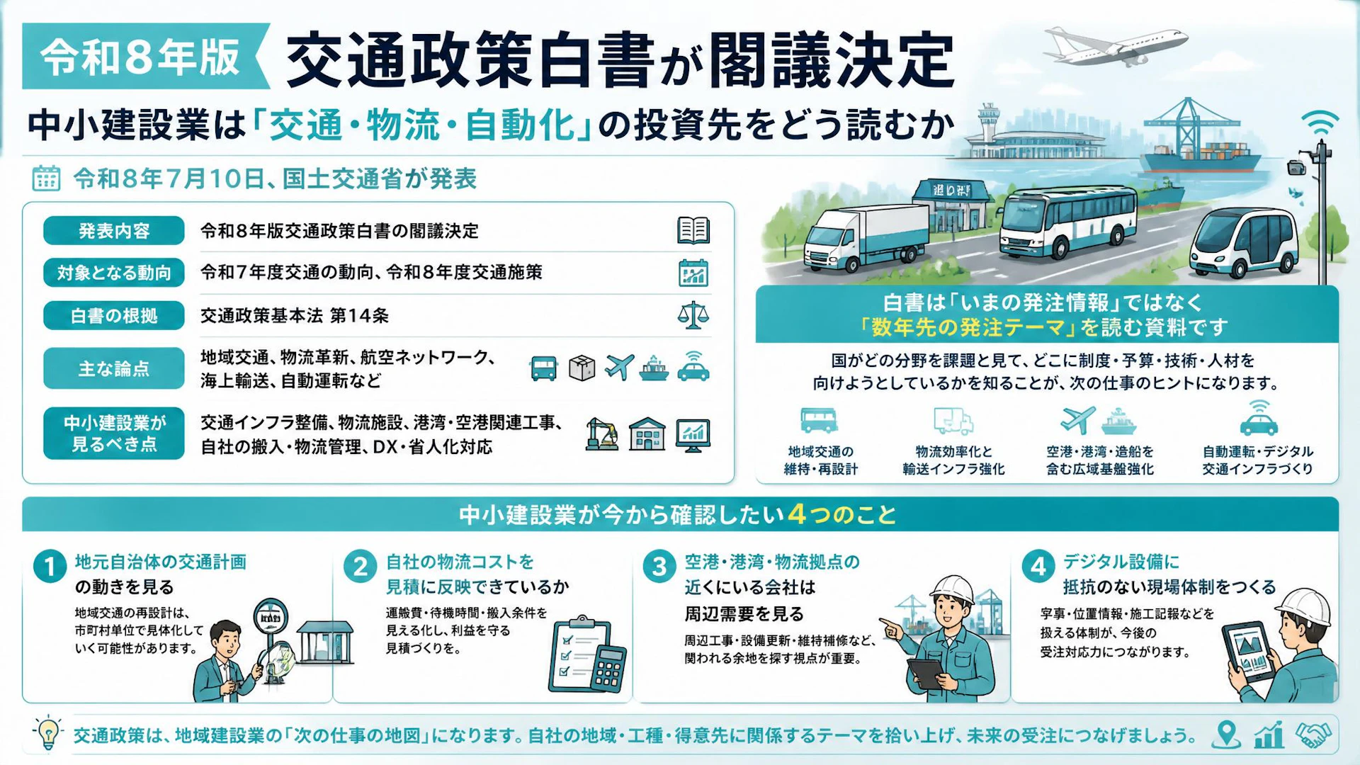 令和8年版交通政策白書が閣議決定：中小建設業は「交通・物流・自動化」の投資先をどう読むか