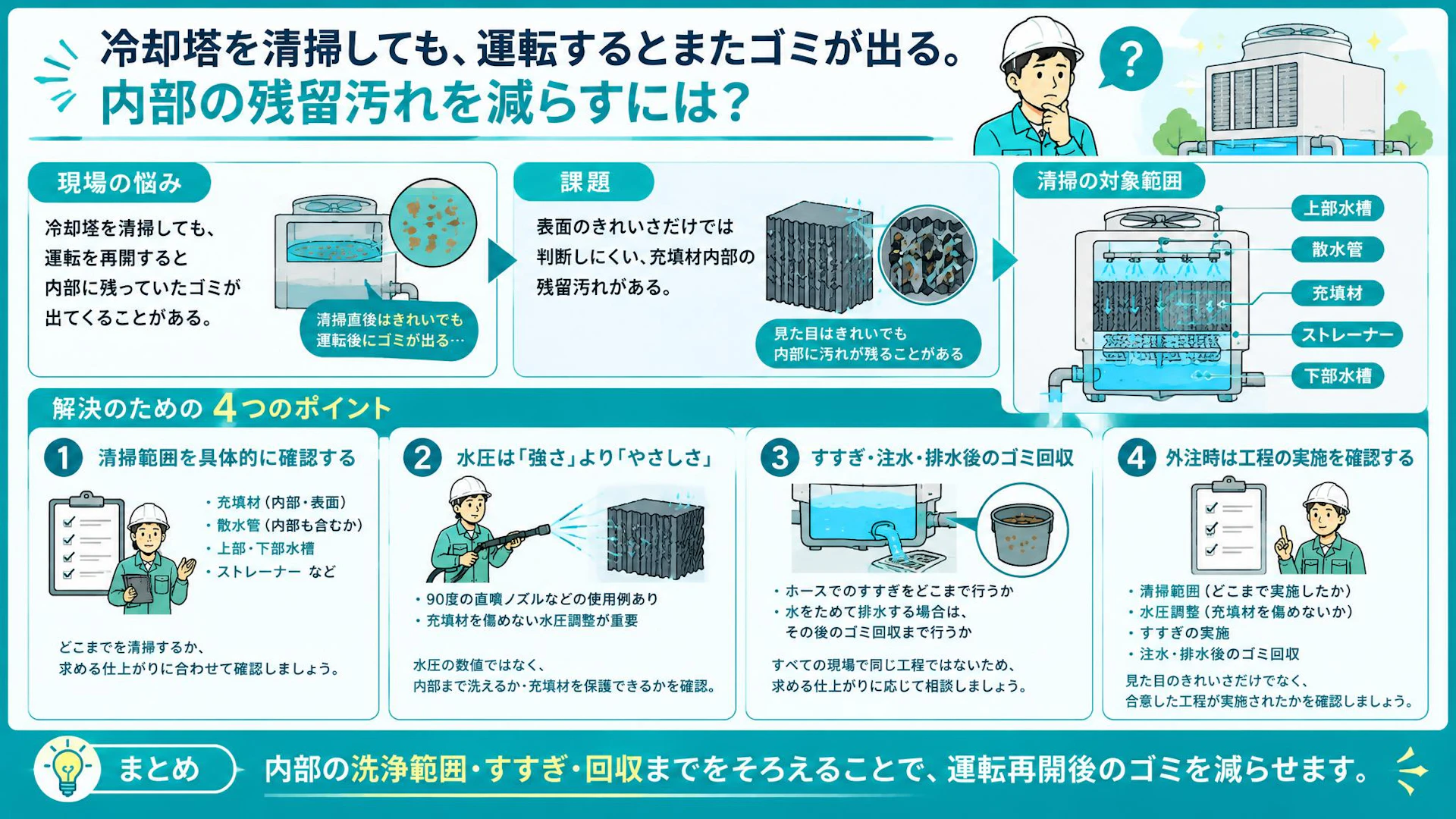 冷却塔清掃後も「回すとゴミが出る」｜充填材内部と回収工程の確認点