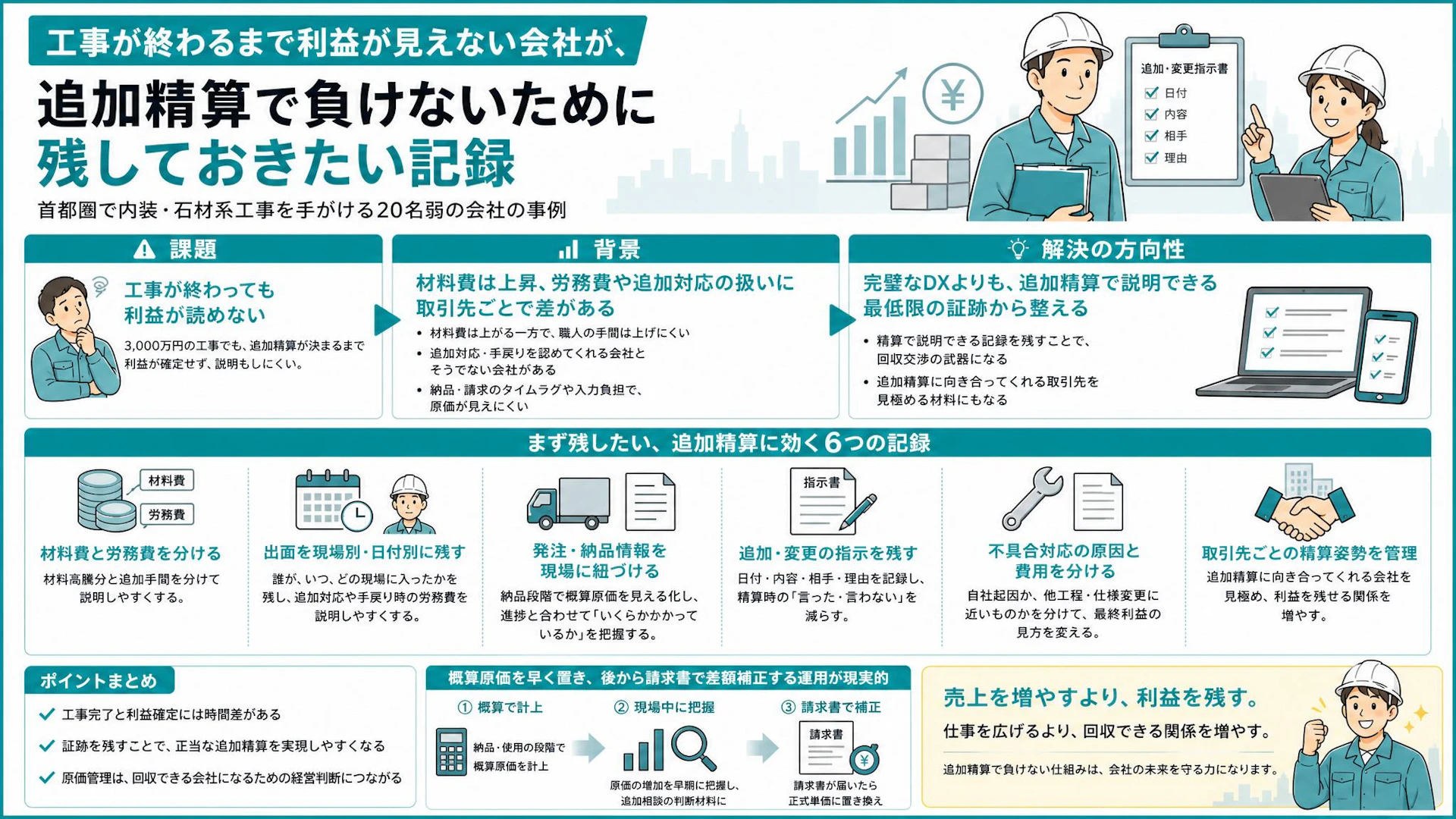 3,000万円工事が3,500万円原価に：追加精算まで利益が読めない専門工事会社の原価管理