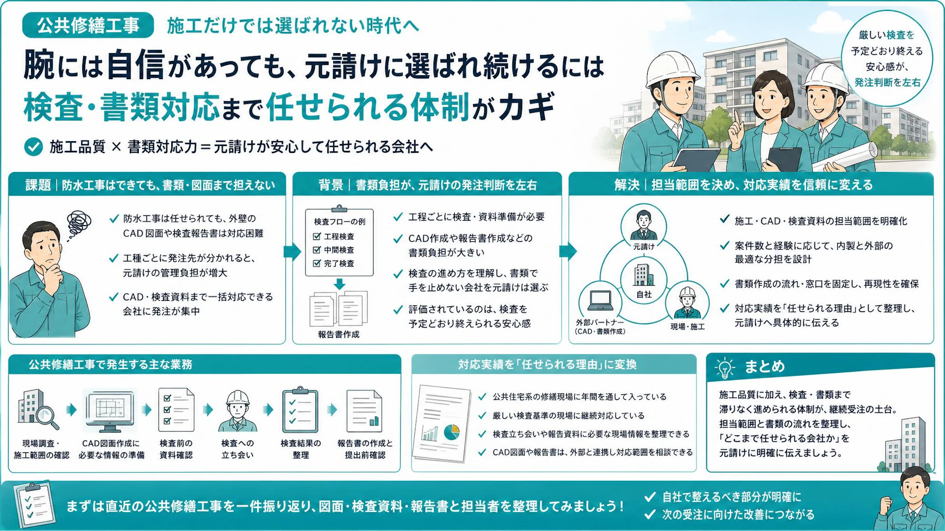 防水の腕だけでは公共修繕を任されない｜元請けが見ているCAD・検査書類の対応力
