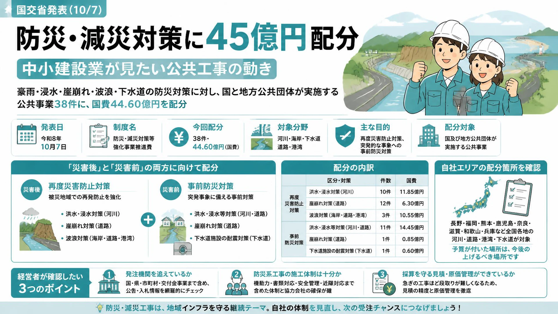 防災・減災対策に45億円配分。中小建設業が見たい公共工事の動き