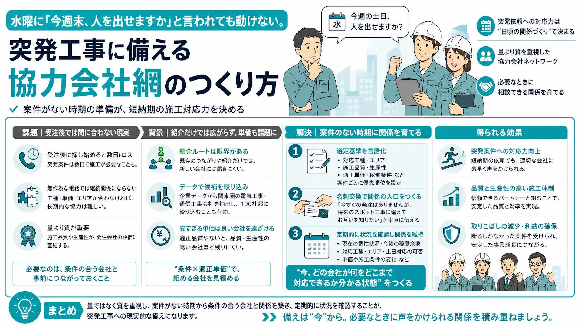 水曜に「今週末、空いてる？」突発工事を断らない協力会社ネットワークのつくり方