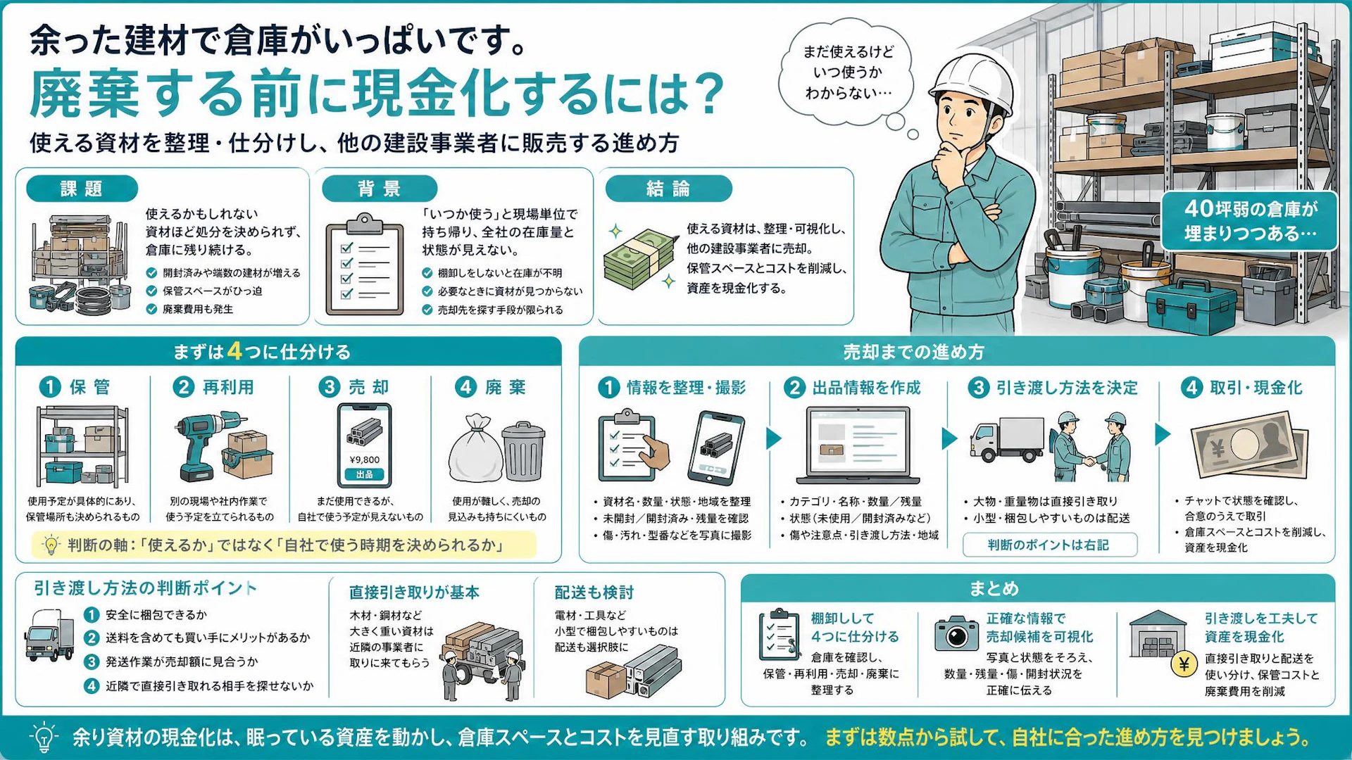 40坪弱の倉庫が余り資材で満杯に｜設備工事会社の在庫整理・売却手順