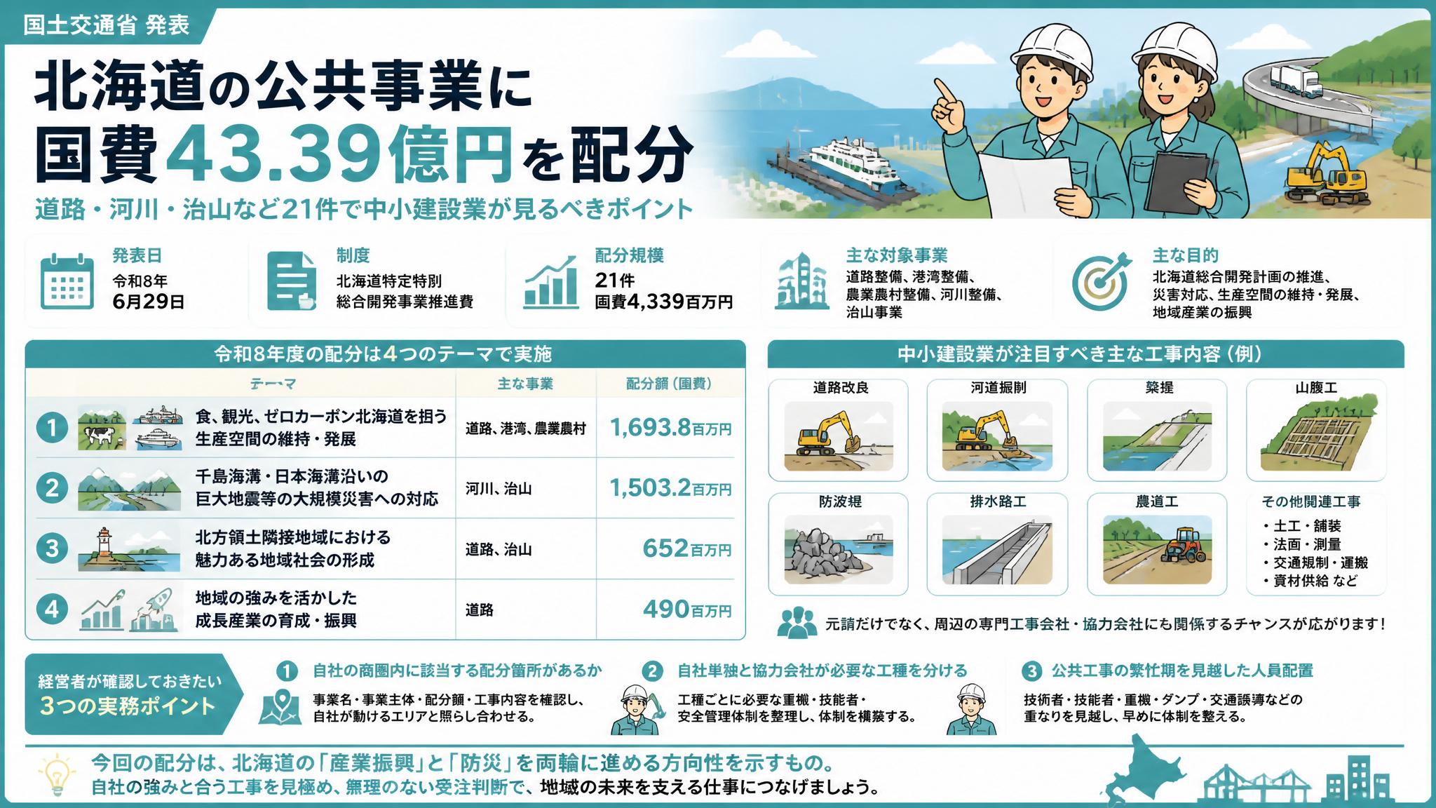 中小建設業者のための現場管理100のポイント 建設業法が求める信頼される建設業… 北海道の公共事業に国費43.39億円を配分 道路・河川・治山など21件で