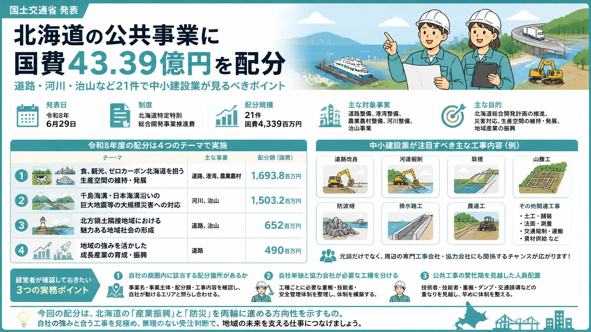北海道の公共事業に国費43.39億円を配分　道路・河川・治山など21件で中小建設業が見るべきポイント
