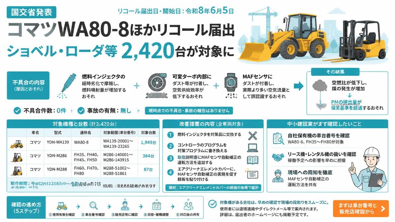 コマツWA80-8ほかリコール届出、ショベル・ローダ等2420台が対象に