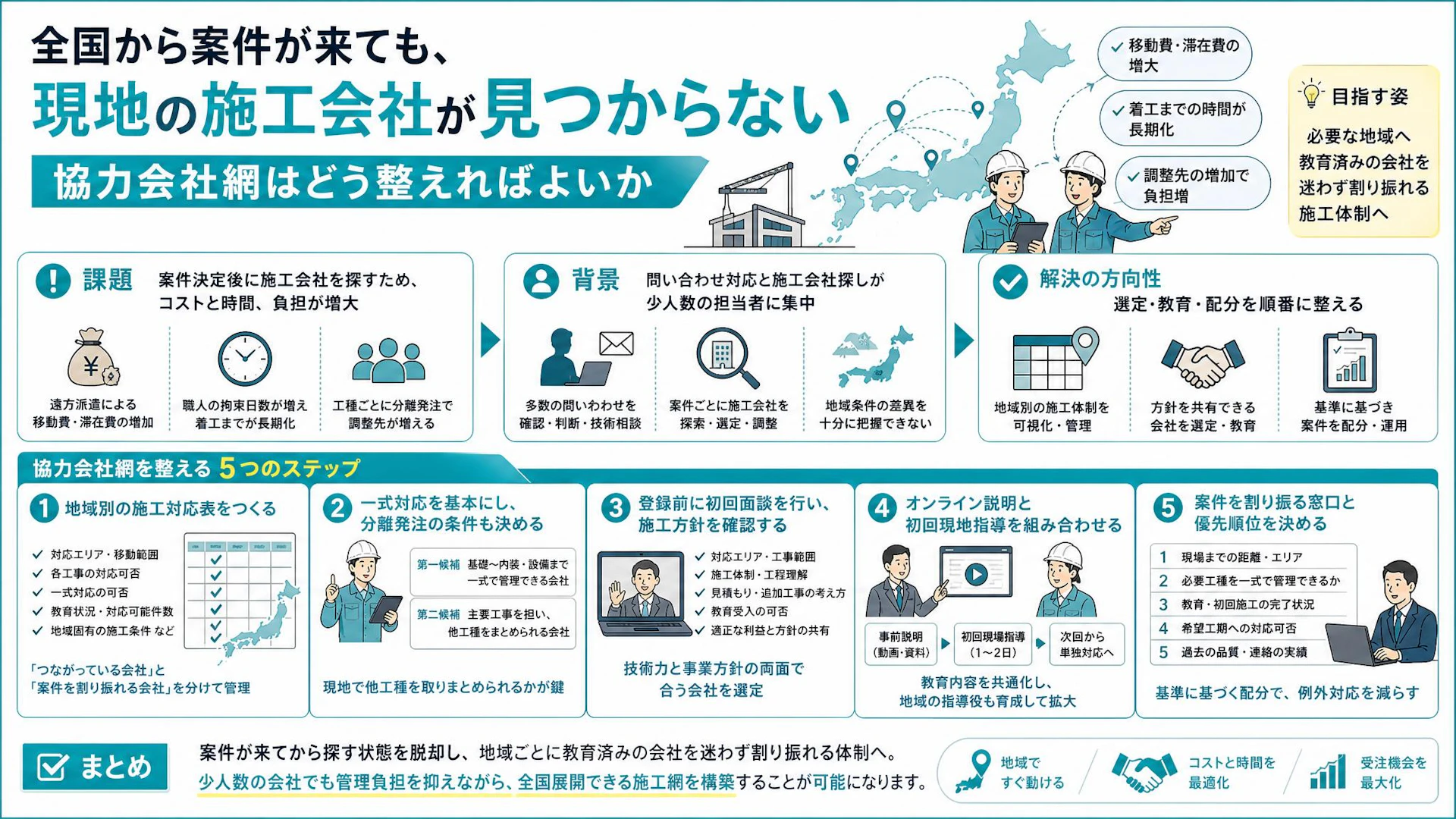 案件が来てから施工会社を探す状態を脱却へ、少人数企業が全国の協力会社網を整える5ステップ