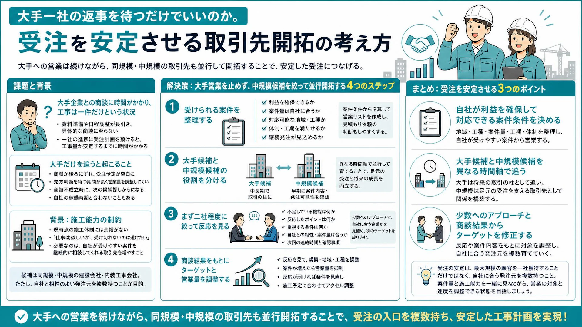 大手1社待ちで次の工事が見えない。専門工事会社が中規模顧客も開拓すべき理由