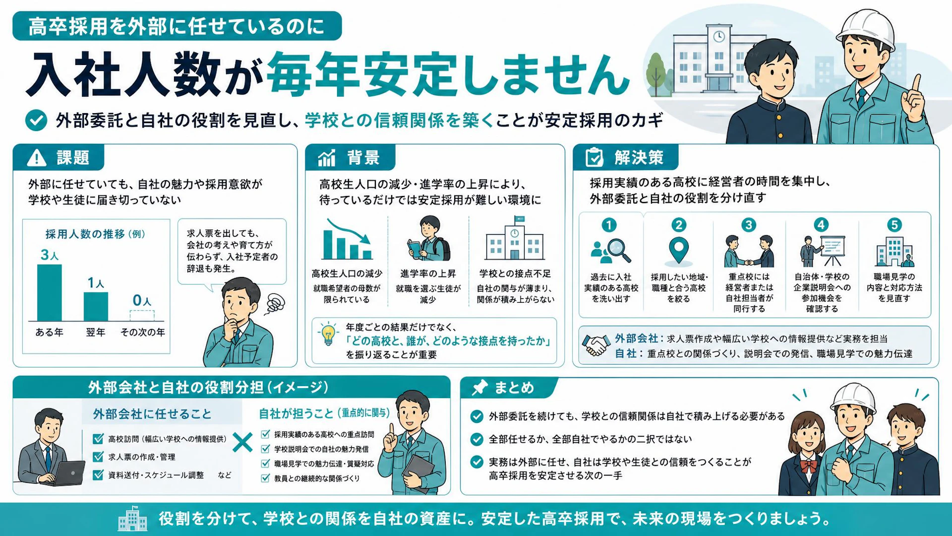 高卒採用を外部委託しても3人、1人、0人｜専門工事会社が見直すべき学校との接点
