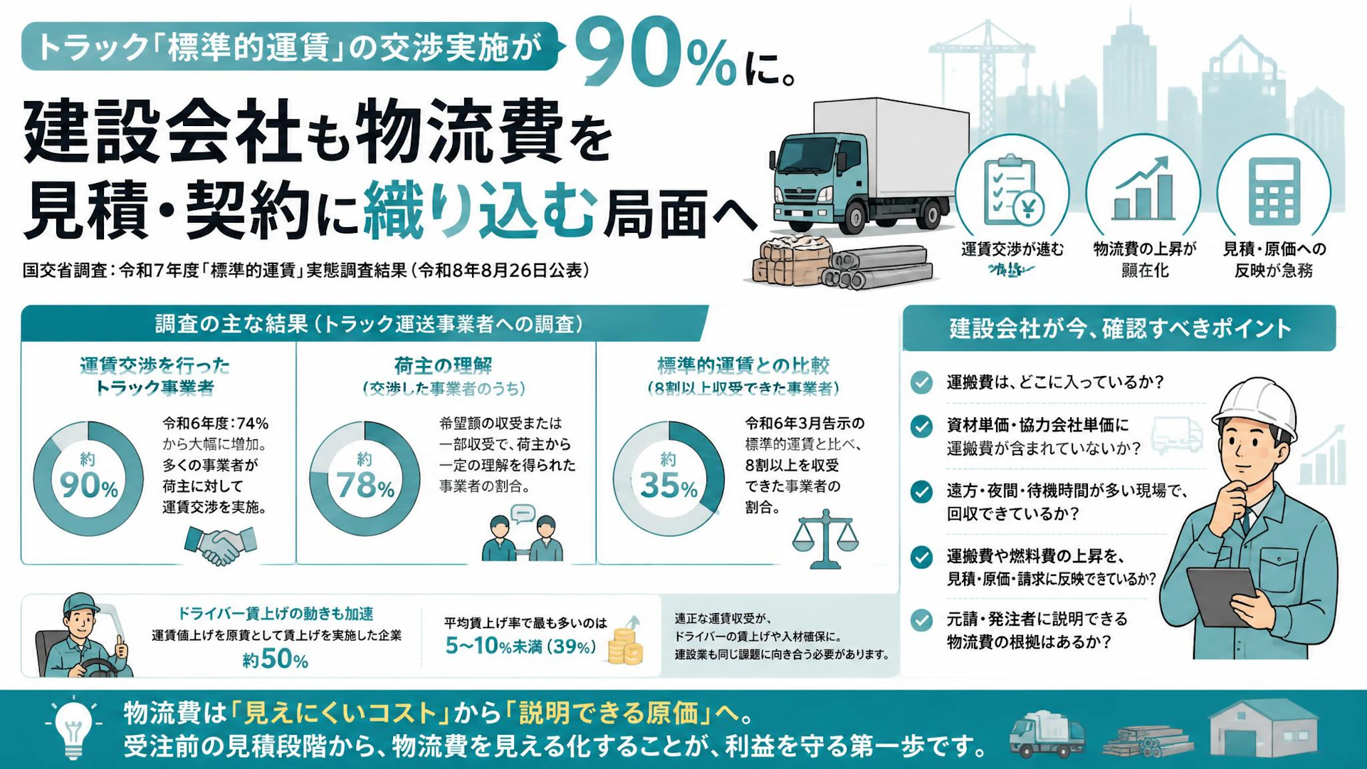 トラック「標準的運賃」の交渉実施が90％に。建設会社も物流費を見積・契約に織り込む局面へ