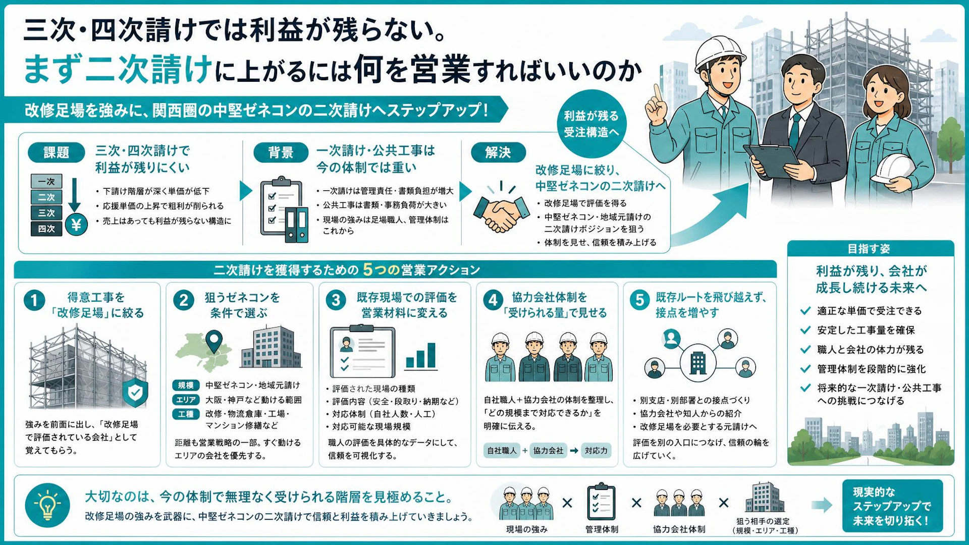 三次・四次請けで忙しいのに利益が残らない足場会社へ｜改修足場で二次請けを狙う営業戦略