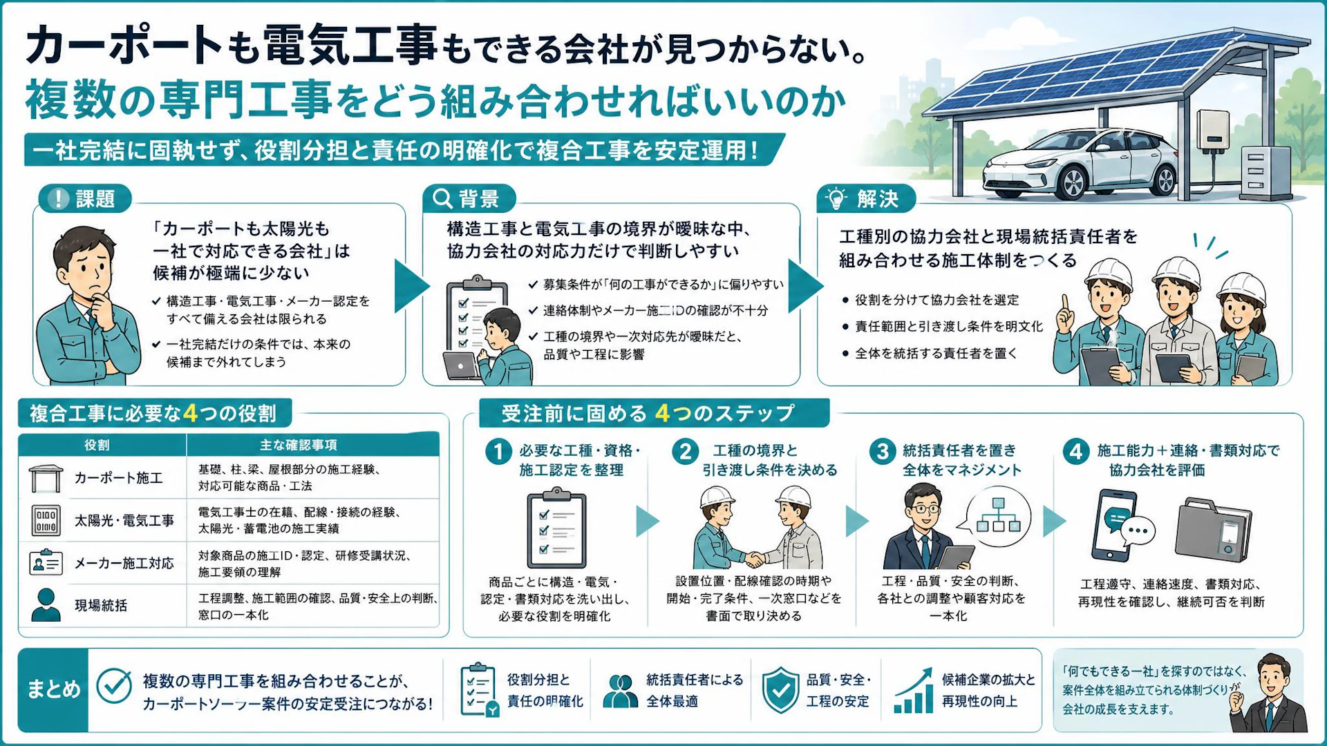 カーポートソーラーは一社完結で探さない｜構造・電気を束ねる施工体制のつくり方