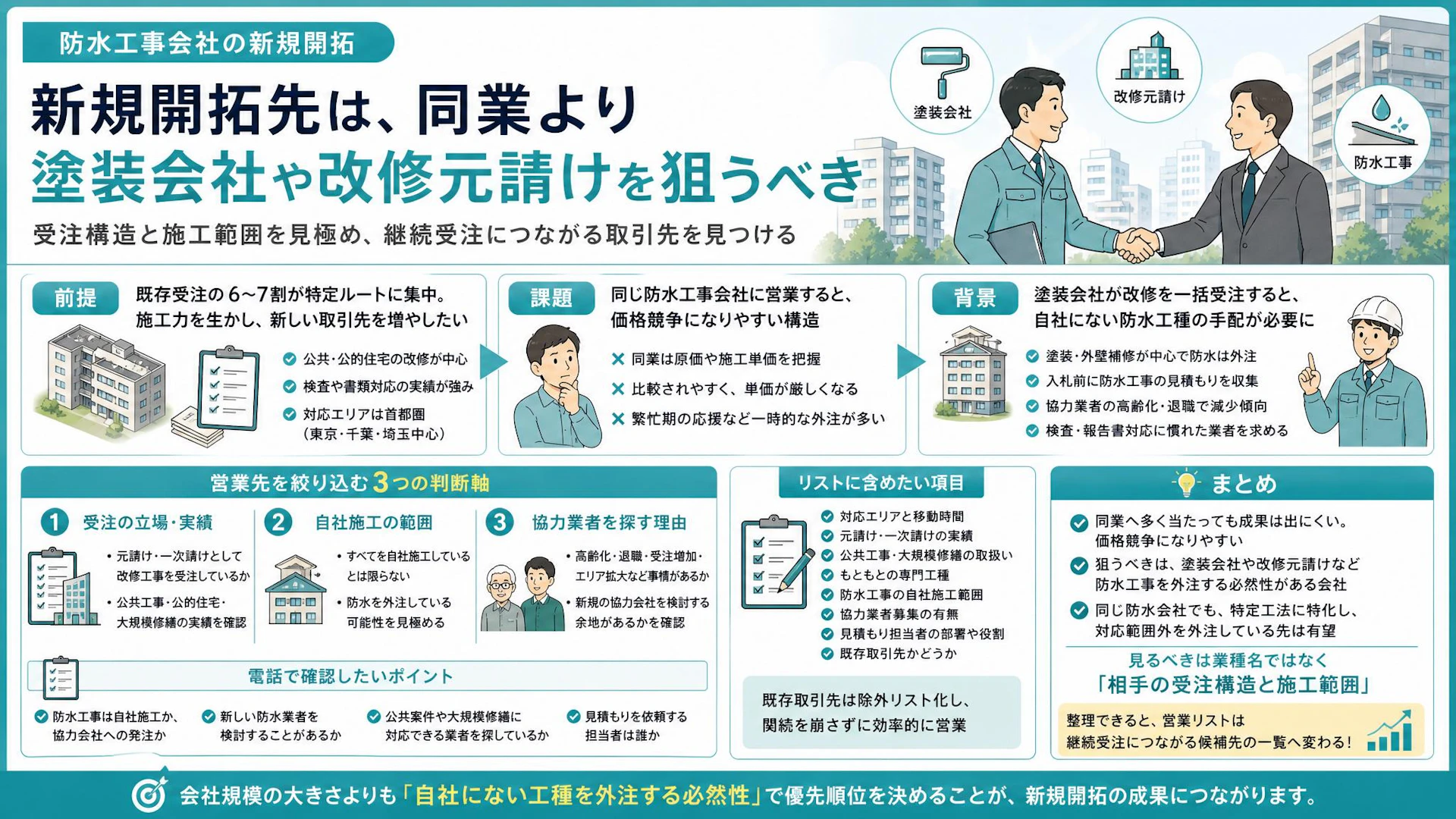 防水工事の新規開拓は同業狙いで単価が下がる｜継続受注を生む元請けの見極め方