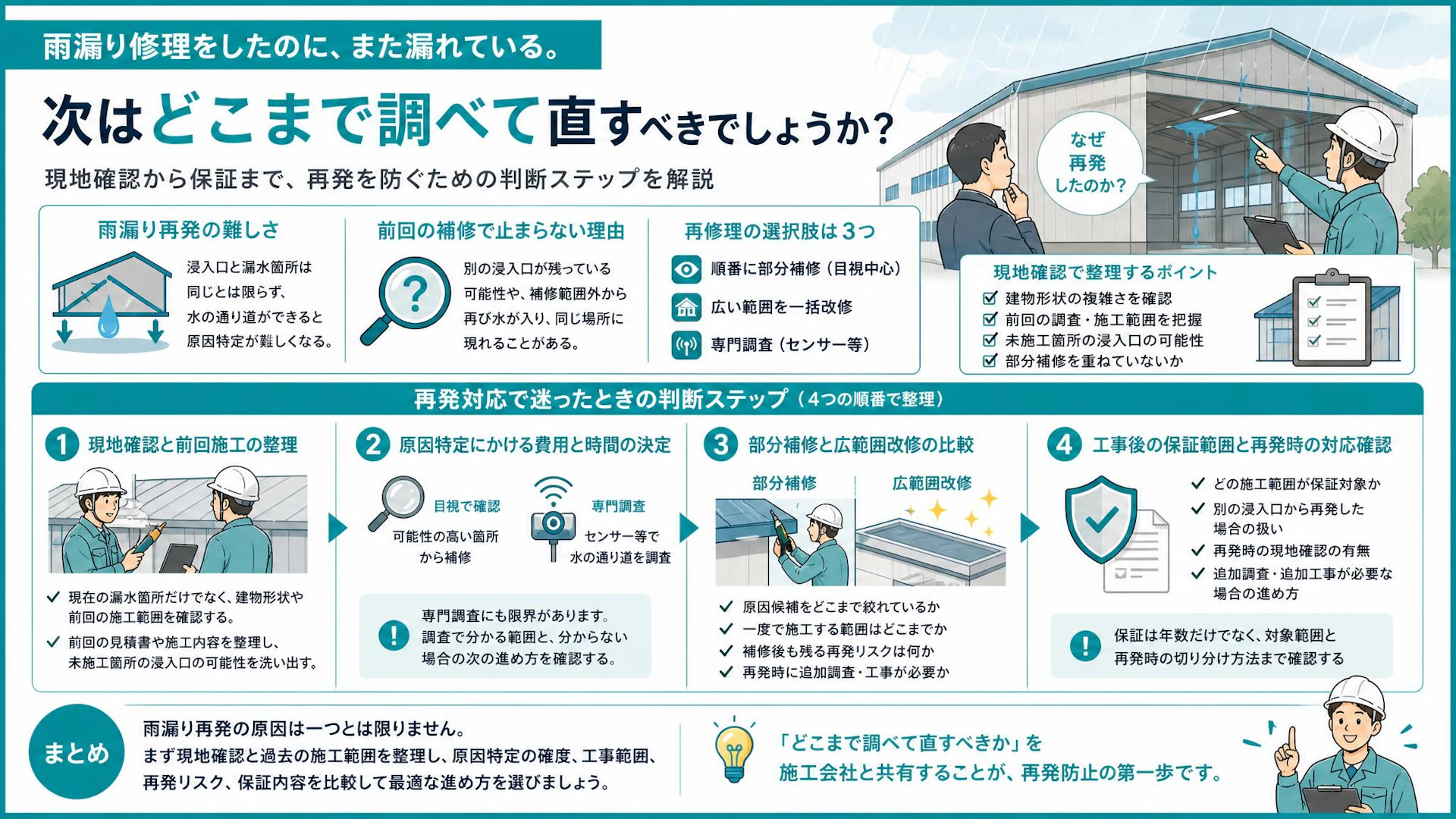 直した雨漏りがまた漏れた――再修理で失敗しない現地調査・工法・保証の見極め方
