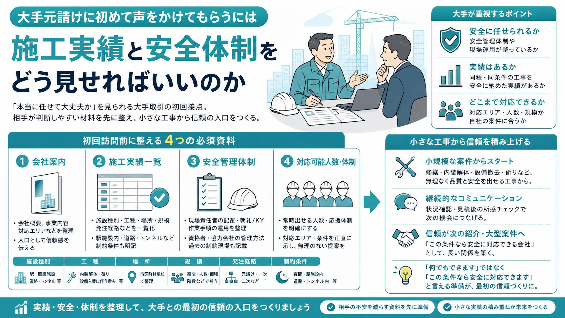 大手元請けの初回訪問で会社案内だけでは足りない理由｜15名規模の解体・改修会社が整える4資料