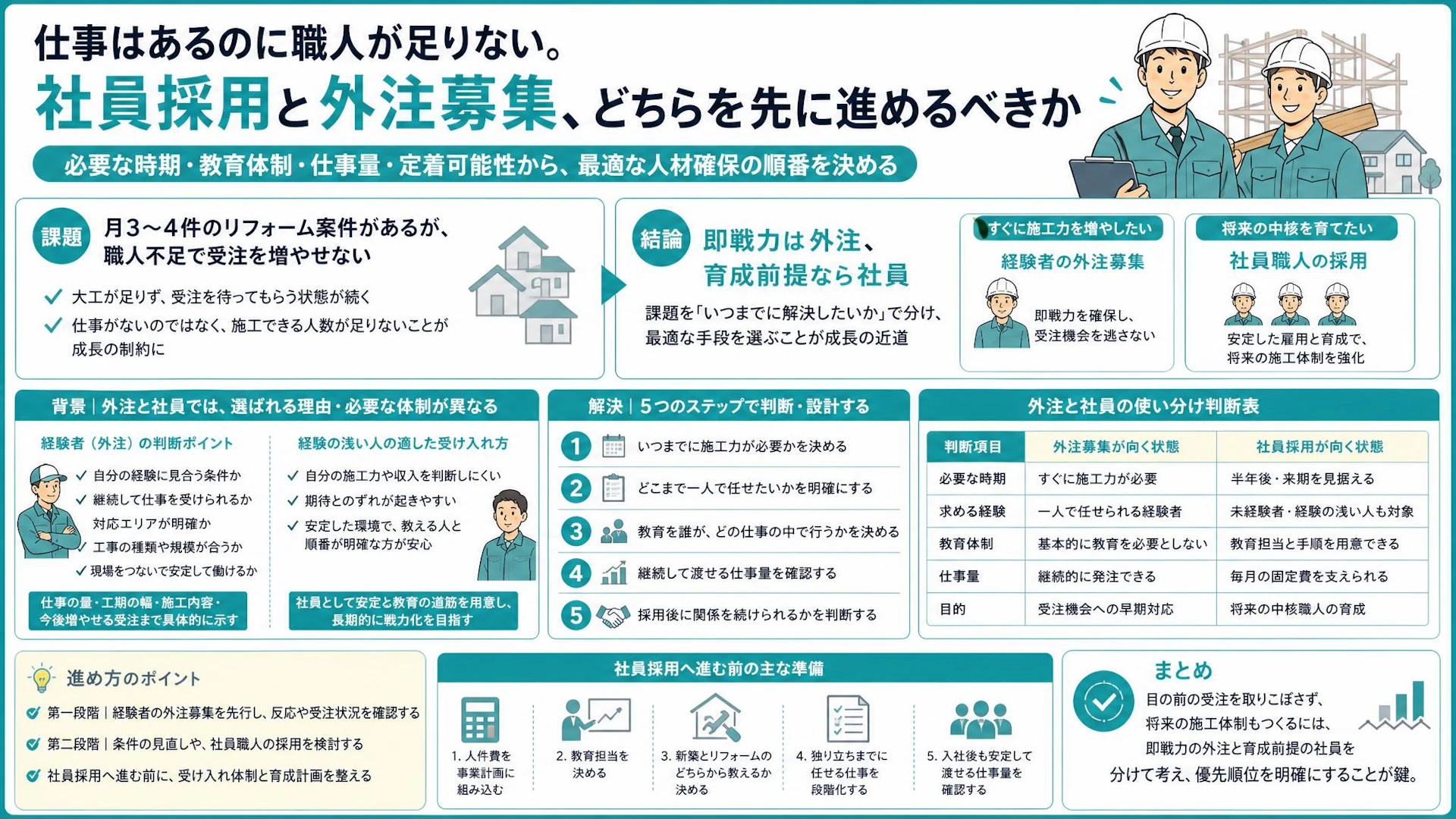 受注を待たせる職人不足、社員採用と外注募集はどちらが先？専門工事会社の判断軸