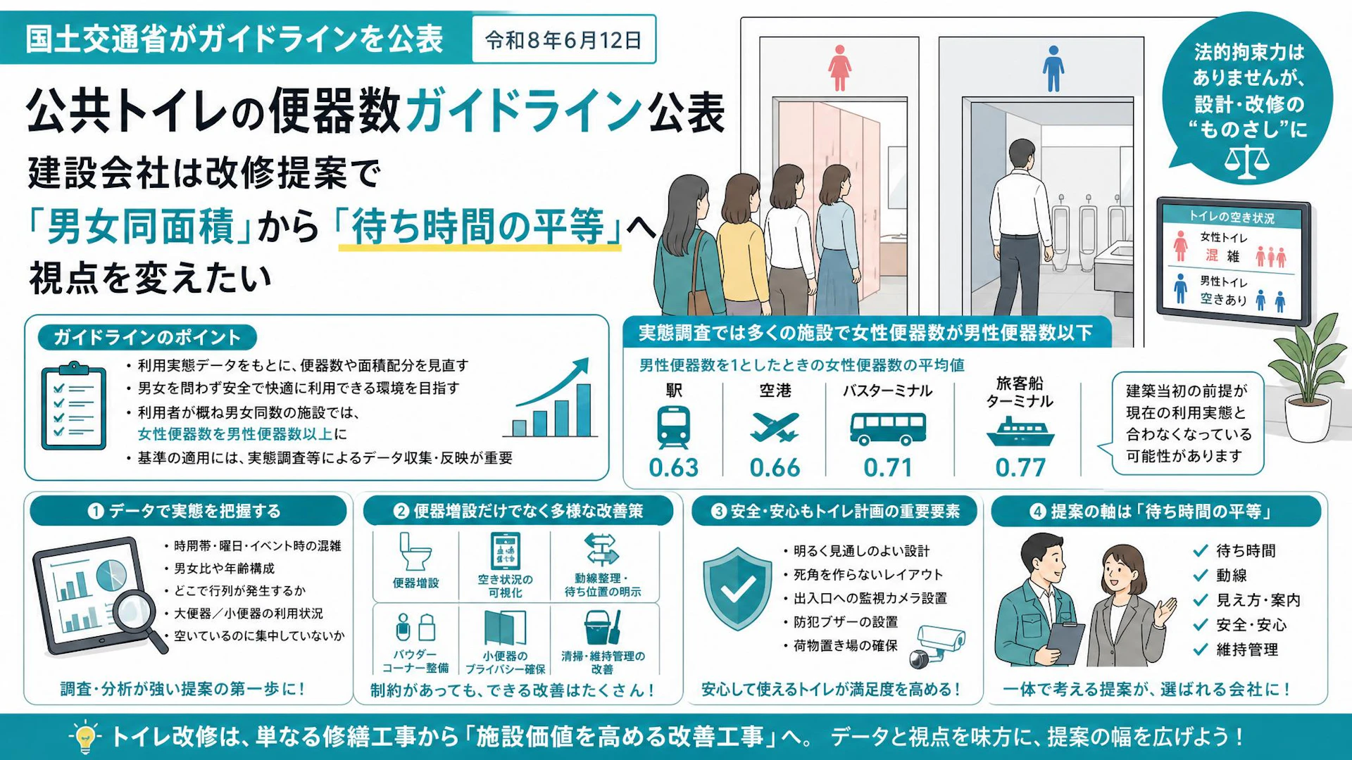 公共トイレの便器数ガイドライン公表。建設会社は改修提案で「男女同面積」から「待ち時間の平等」へ視点を変えたい