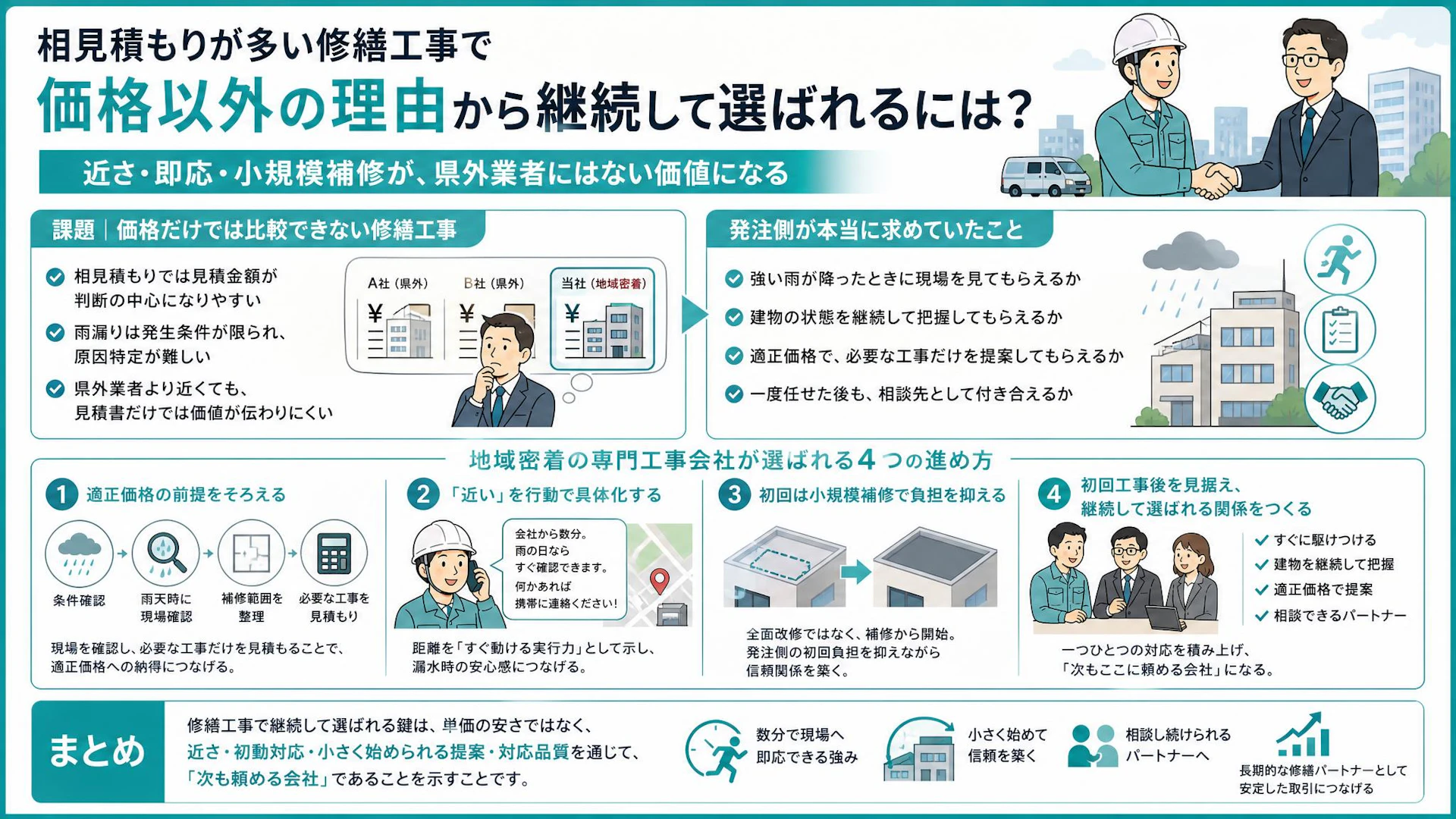 雨漏り修繕の相見積もりで価格競争を避ける｜「数分で駆けつける」を受注価値に変える方法