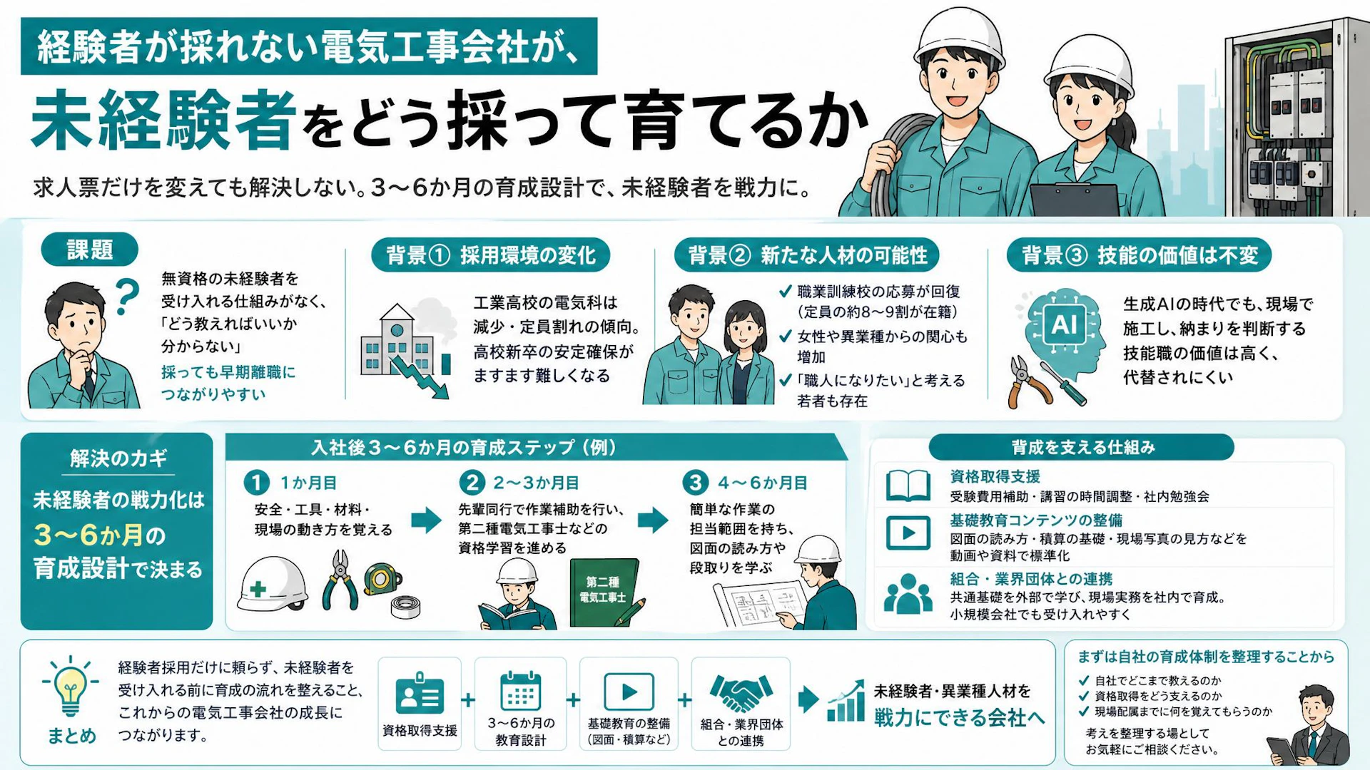 職人5名前後でも未経験者は育つのか？電気工事会社が経験者待ちを抜け出す3〜6か月育成設計