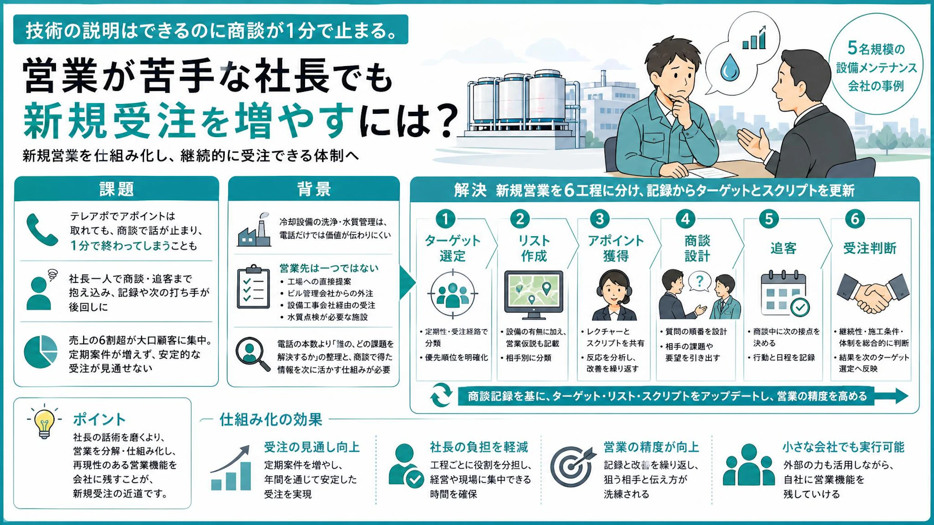 訪問1分で話題が尽きる。技術者社長の新規営業を6工程に分ける商談・追客の型