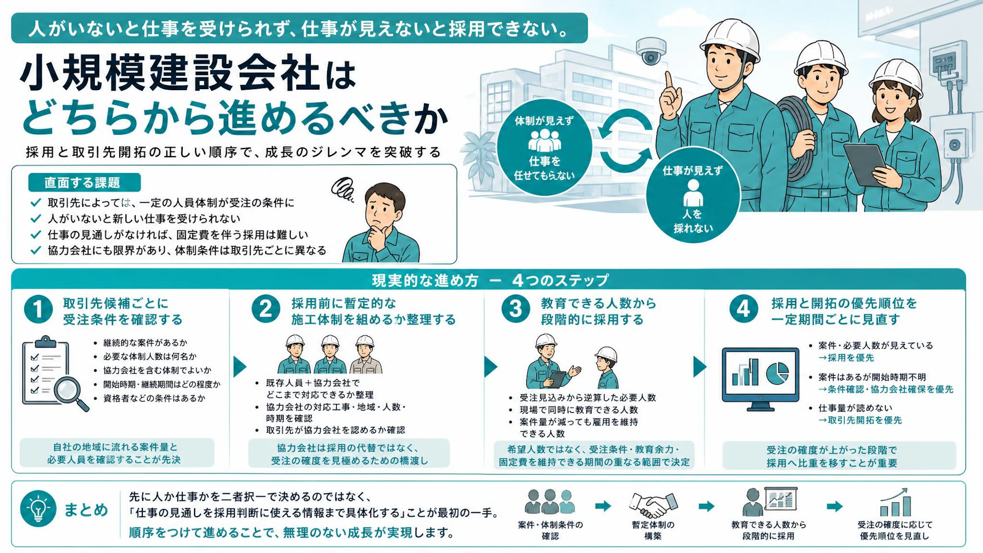 人がいないと受注できず、仕事が見えないと採用できない。3名の通信工事会社に必要な順序