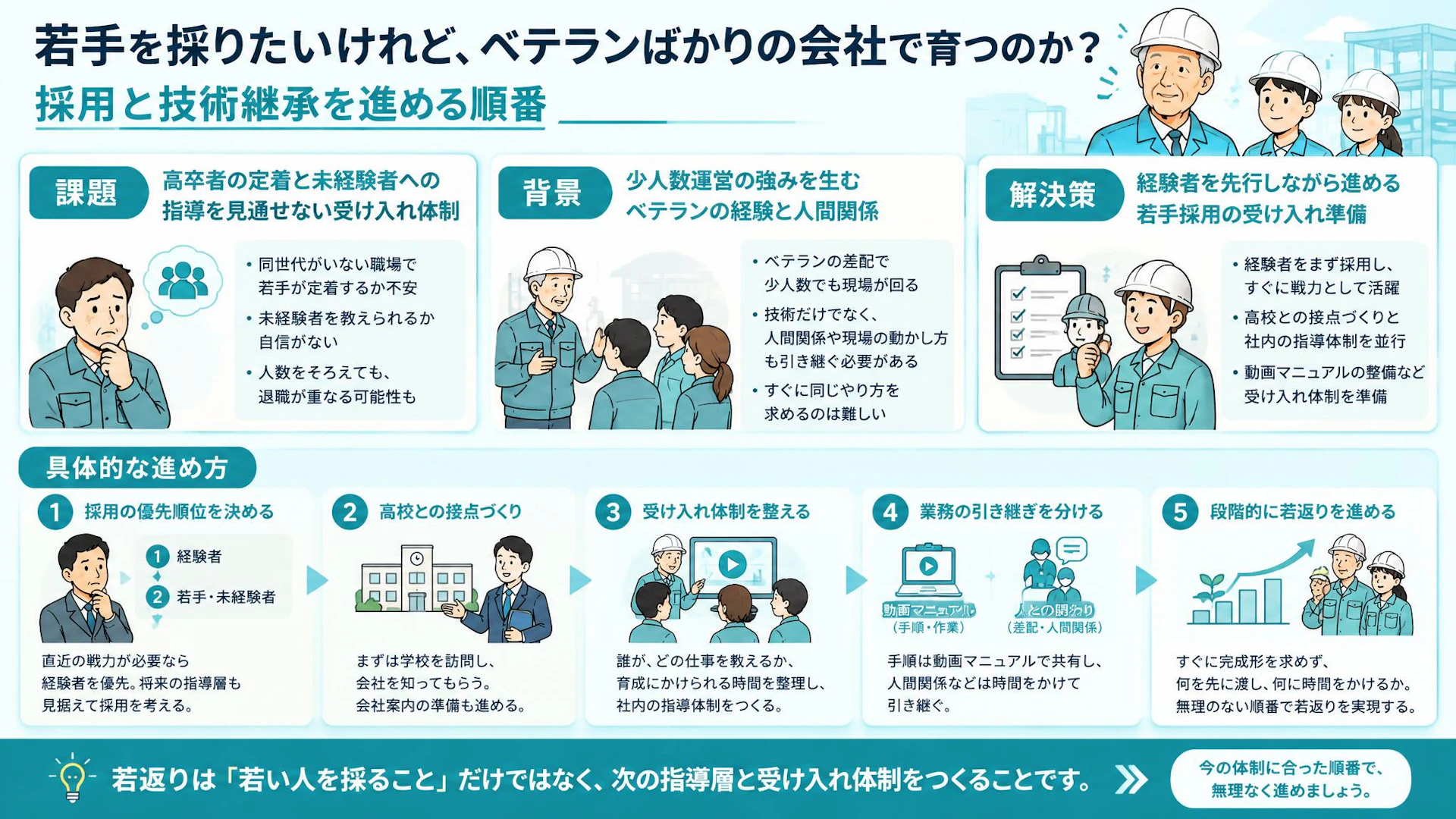 ベテラン頼みの建設会社、若手を採る前に何を整える？経験者の確保と技術継承の順番