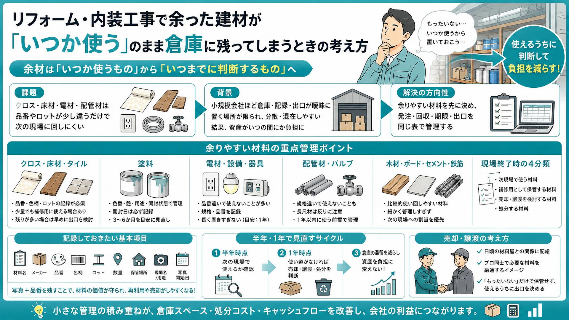 クロス・床材・電材が倉庫で塩漬けに。小規模リフォーム会社の余材管理は何から始めるか