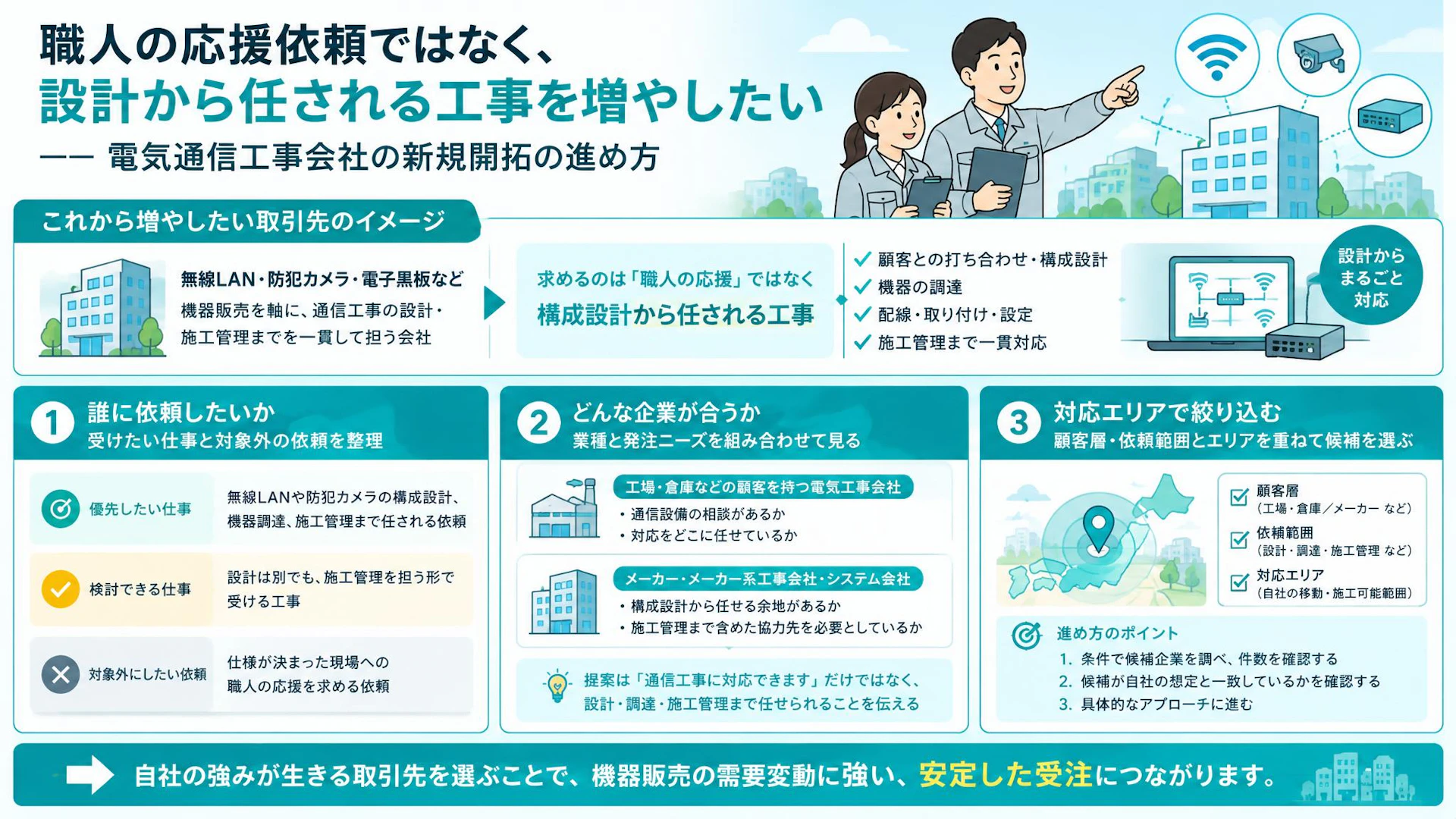 電気通信工事の新規開拓｜「職人の応援」ではなく設計から任される営業先の選び方