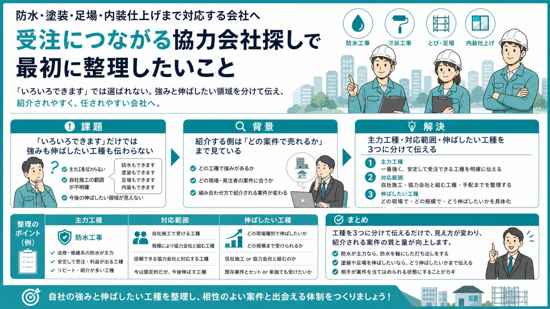 防水・塗装・足場を並べるだけでは選ばれない｜修繕会社の営業資料で伝えるべき工種整理