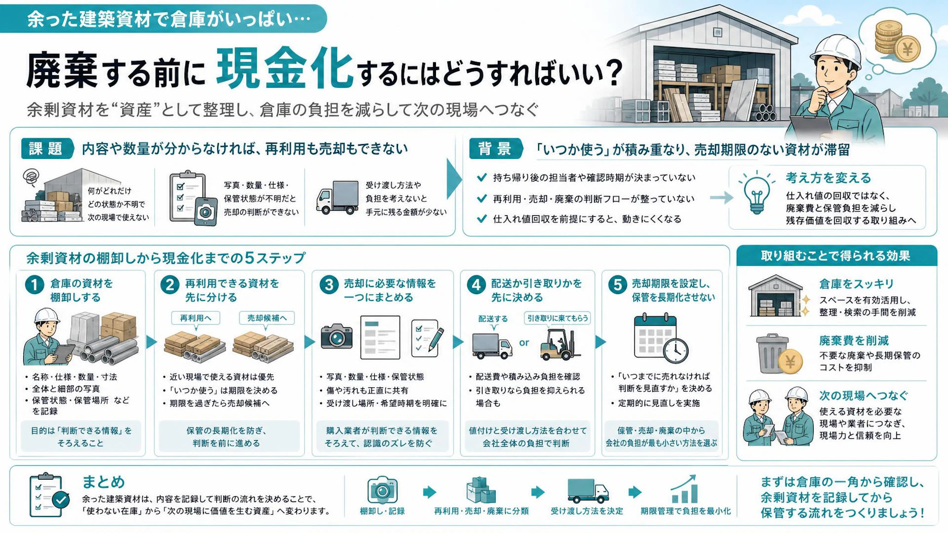 35坪の倉庫が余剰資材で満杯に。建設会社が棚卸し・売却・廃棄を決める方法